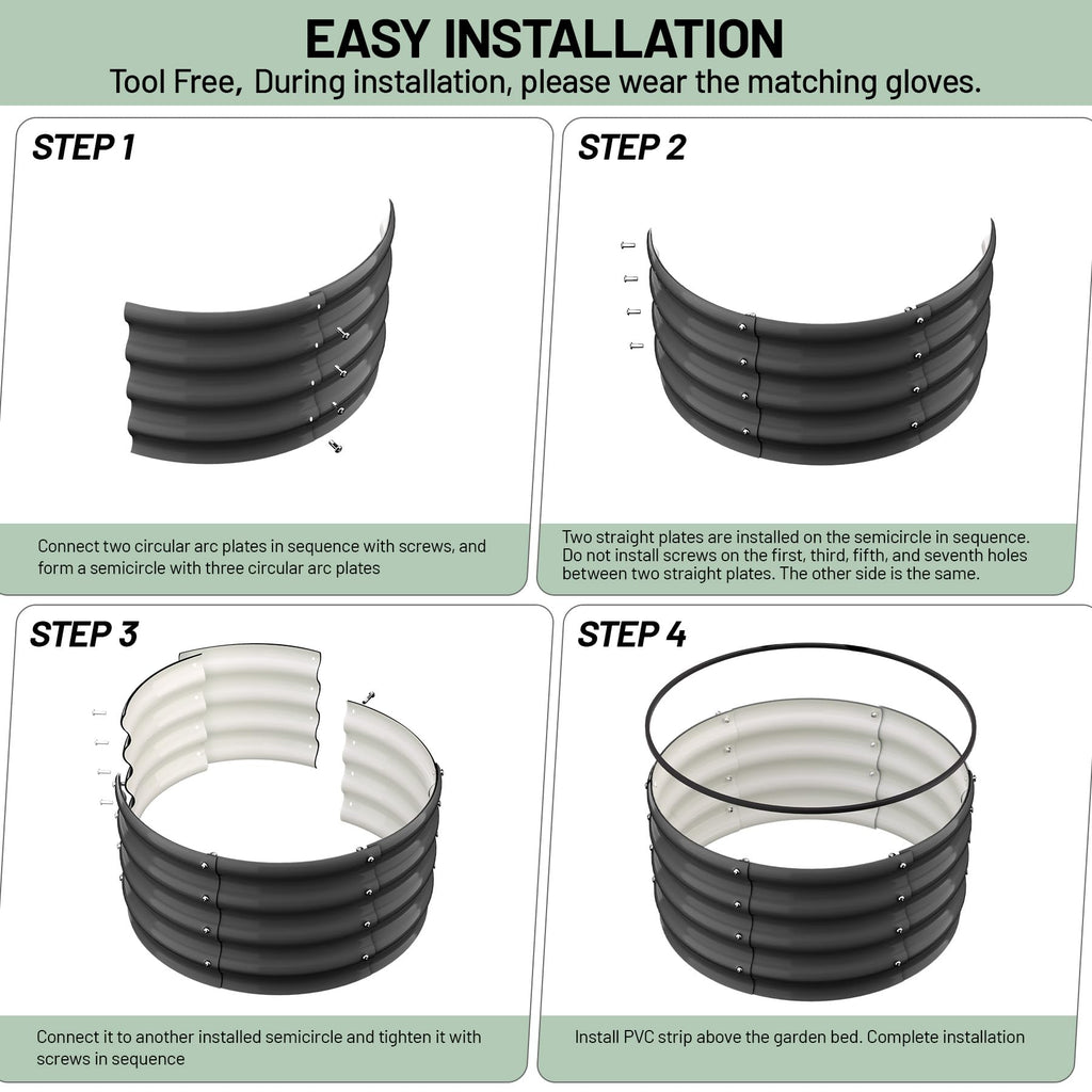Garvee Round Galvanized Raised Garden Bed 2x2x1FT Heavy Duty Steel Open Bottom Anti-Rust Wave Shape Safe Corners Outdoor Gardening
