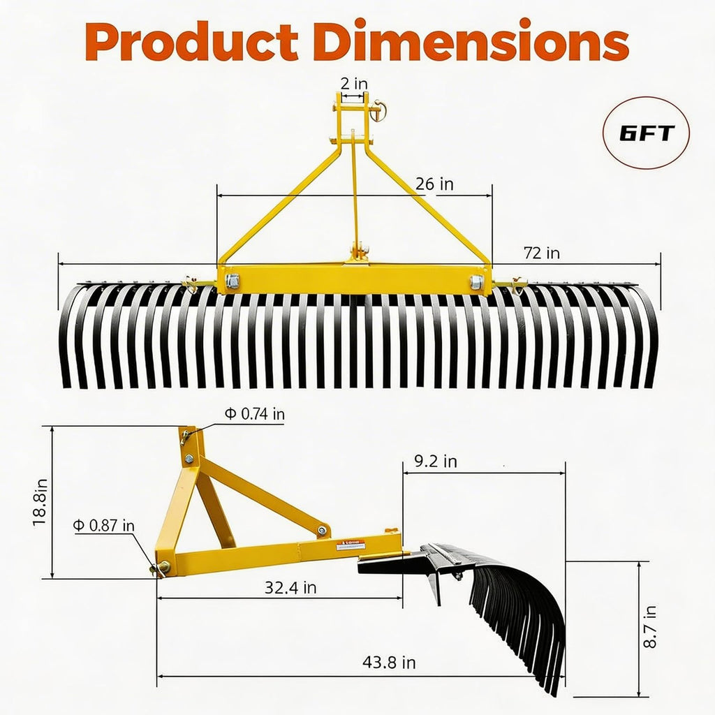 Garvee 72 Landscape Rake,Heavy Duty 3 Point Tractor Rake Fit Cat1/Cat 2, 360 Rotation Compatible,37 Steel Tines for Garden, Farm, Clearing Brush, Raking Arenas