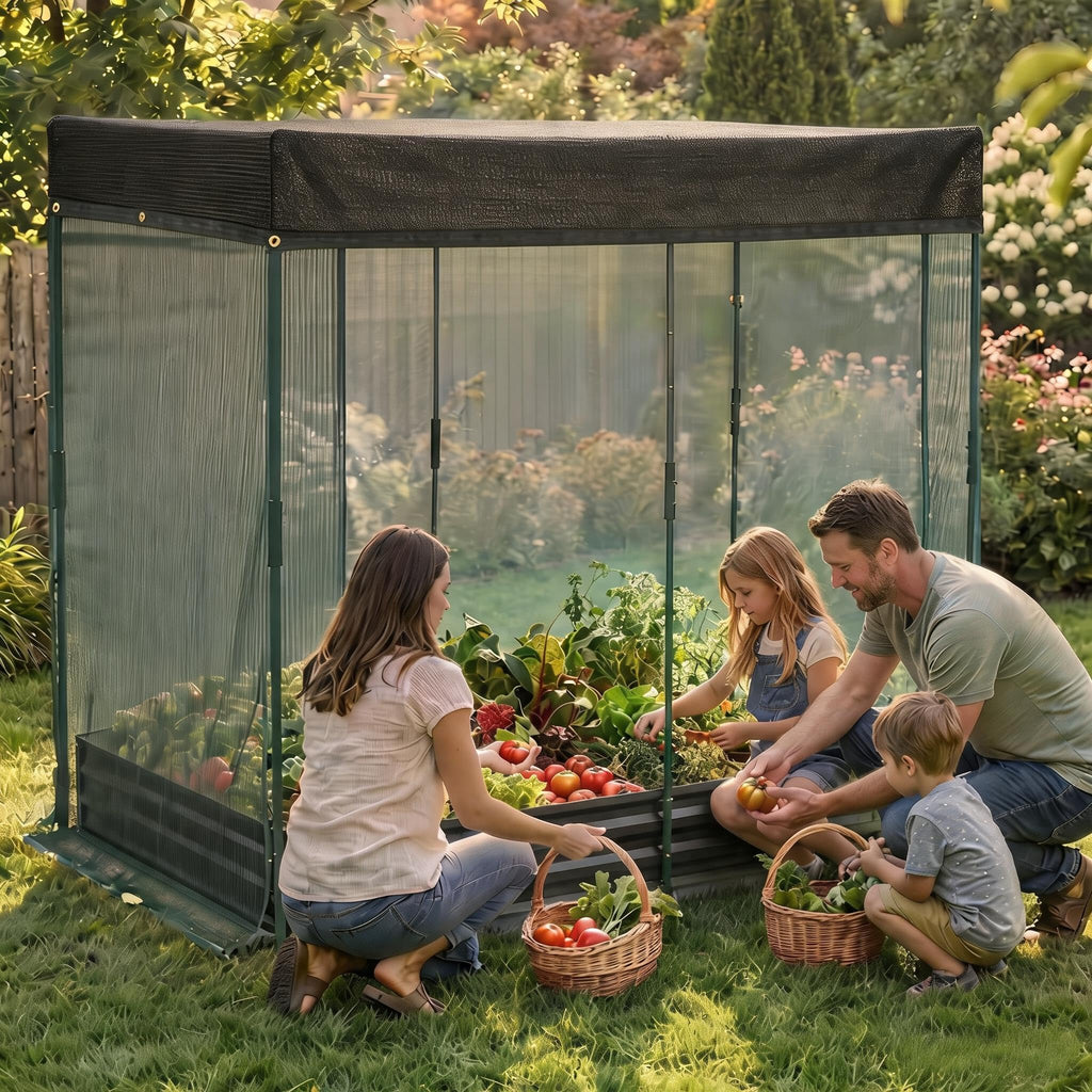 Garvee Raised Garden Bed for Vegetables & Herbs, 8 x 4 x 1 FT Galvanized Metal Planter with Mesh Cover, Bottomless Design and 4 Plant Signs, Black