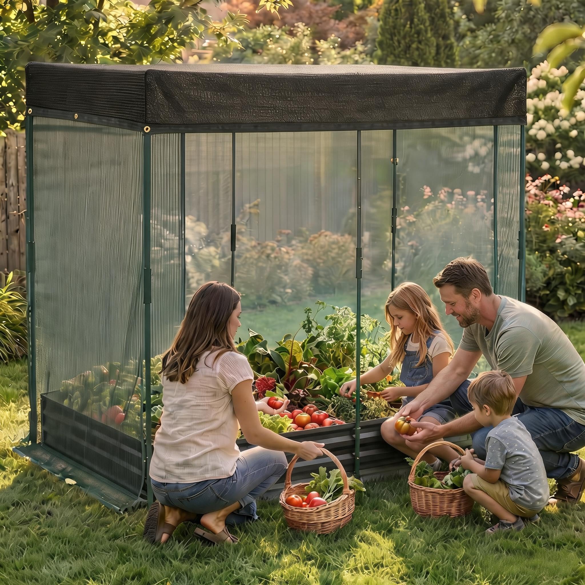Garvee Raised Garden Bed for Vegetables & Herbs, 8 x 4 x 1 FT Galvanized Metal Planter with Mesh Cover, Bottomless Design and 4 Plant Signs, Black