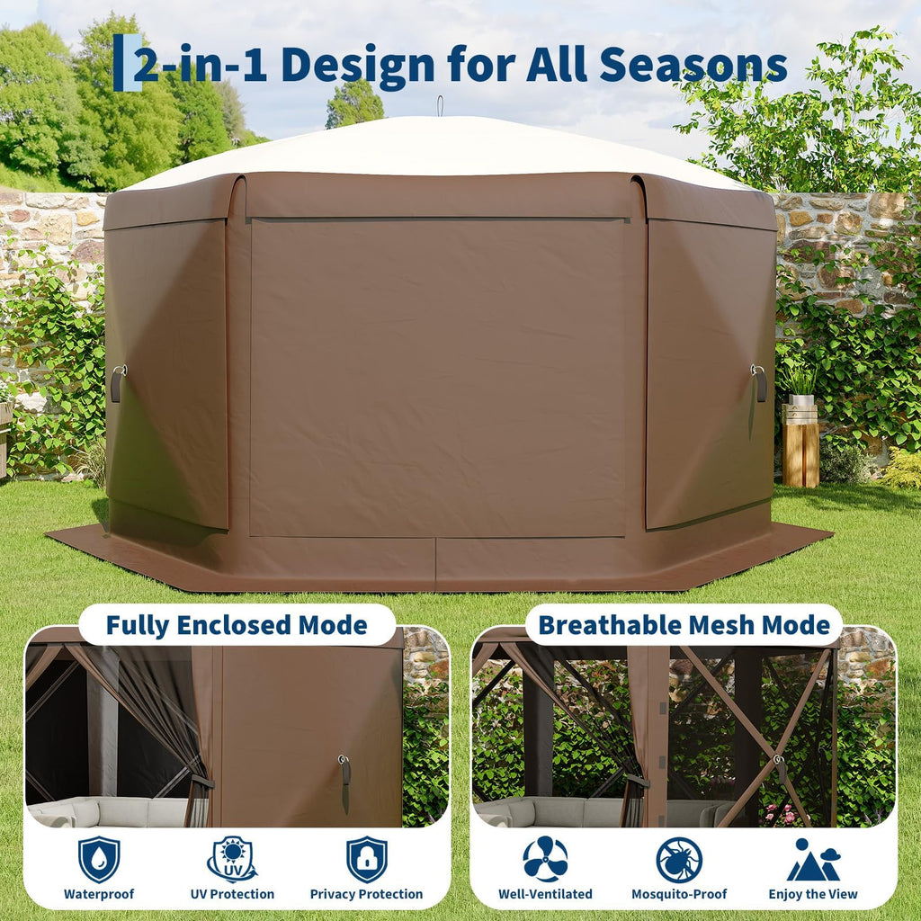 Garvee 6-Sided Pop Up Tent 11.7' X 10.1' Hexagonal Shape. One-Push Setup. Mosquito Netting. Steel Frame. Removable Wind Cloths. Outdoor Camping & Backyard Shelter