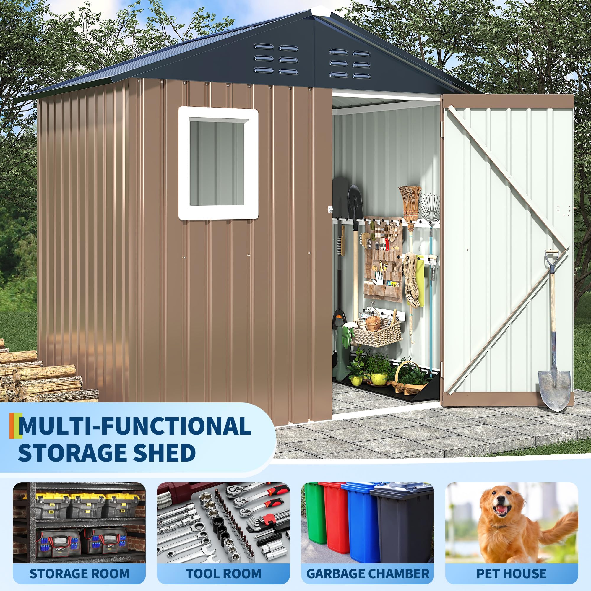 Garvee Outdoor Storage Shed, 6' × 4' Galvanized Steel Tool Shed with Window, Lockable Door, Air Vents, 27.95 Sq. Ft., 55–63 MPH Wind Rating, Brown