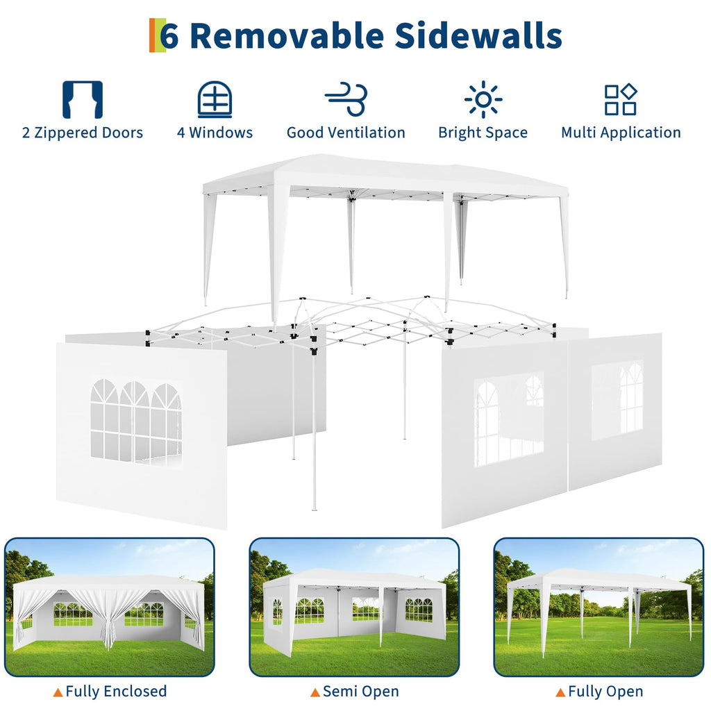 Garvee 10x20 ft Commercial Pop Up Canopy Tent, 200 Sq Ft Heavy Duty Steel Frame Outdoor Shelter with 6 Removable Sidewalls, UPF 50+ Waterproof Cover, White