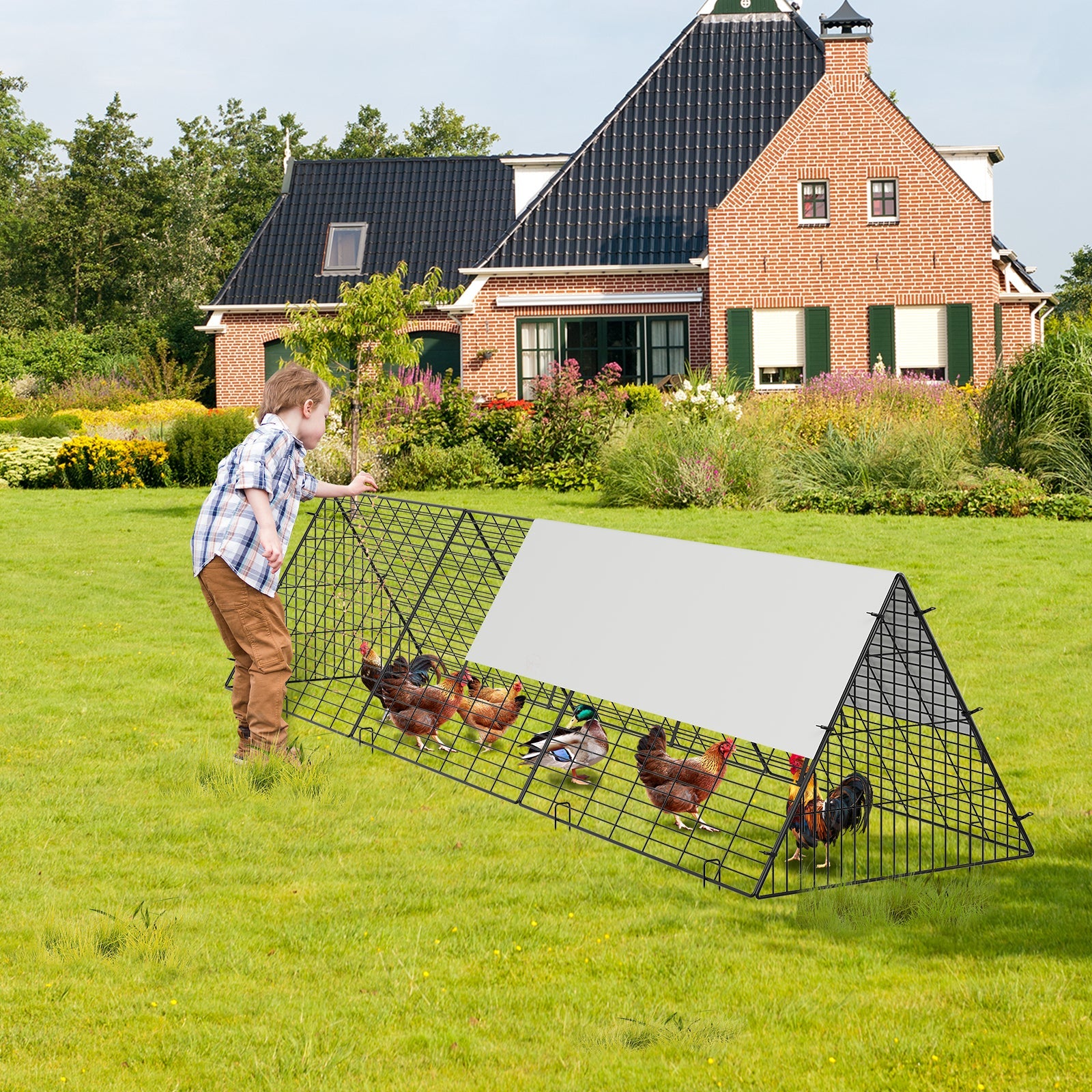 Garvee 10ft Heavy Duty Metal Chicken Tunnel Outdoor Run – Hunter-Proof Triangular Poultry Enclosure with Weatherproof UV Cover, Ground Stakes & Locks for Chickens, Ducks & Rabbits