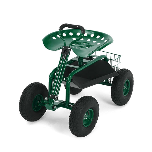 Garvee Green Rolling Garden Work Seat with Wheels, 360° Swivel Gardening Cart with Extendable Steering Handle, Tool Tray, Storage Basket & 10" Inflatable Tires, 400 lb Capacity Garden Scooter for Yard, Patio & Outdoor Use
