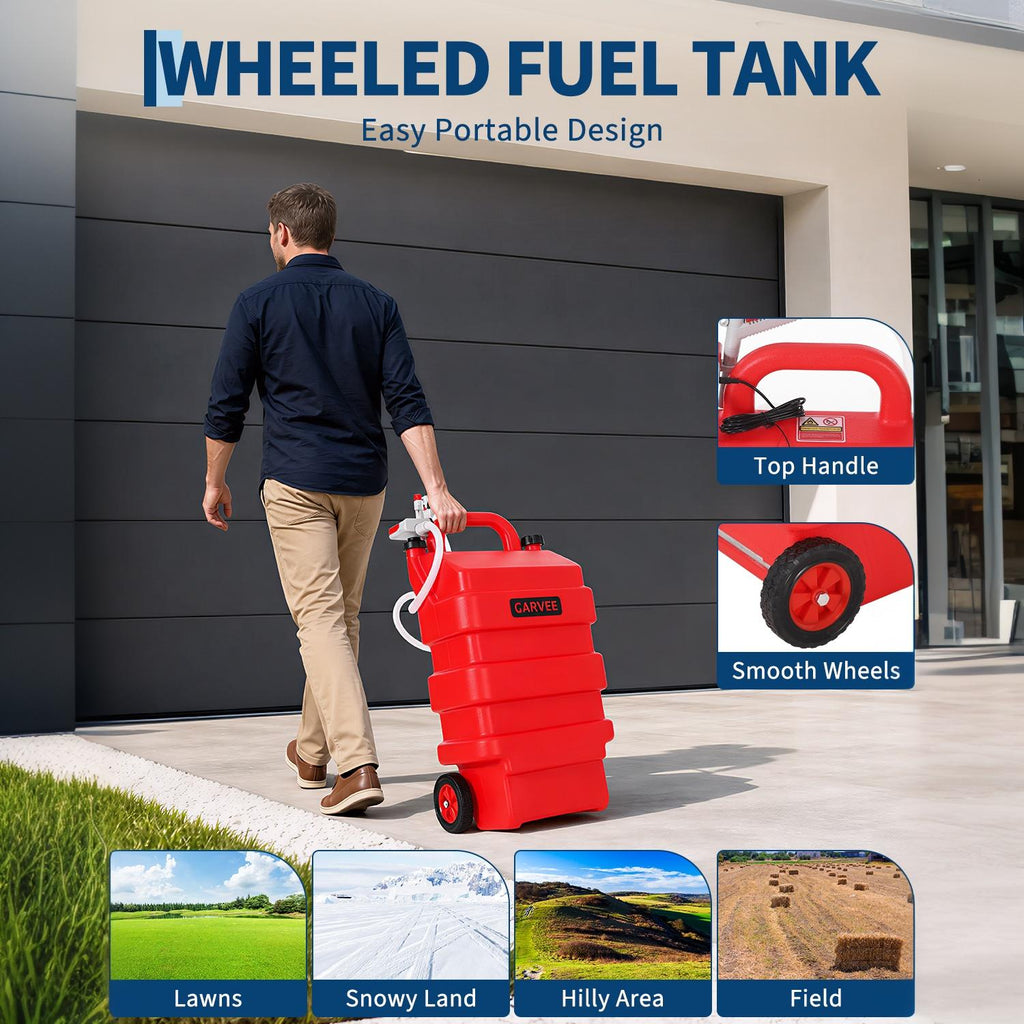 Garvee 16 Gallon Portable Fuel Caddy Tank with 12V/4AA Battery Powered 3.8 GPM Transfer Pump – HDPE Gasoline & fuel injection system Storage – Heavy Duty Wheels – For Workshop Use, Color: Red