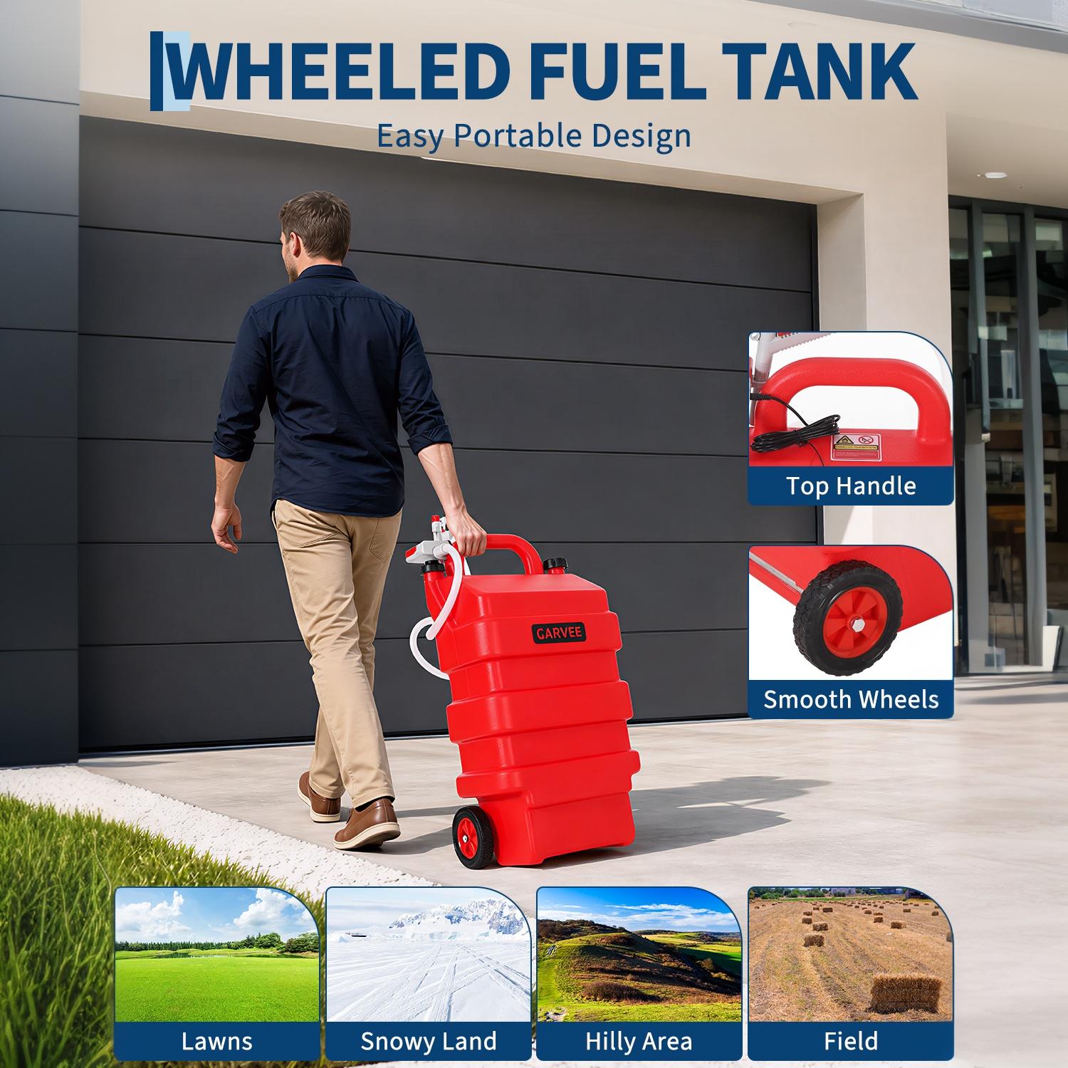 Garvee 16 Gallon Portable Fuel Caddy Tank with 12V/4AA Battery Powered 3.8 GPM Transfer Pump – HDPE Gasoline & fuel injection system Storage – Heavy Duty Wheels – For Workshop Use, Color: Red