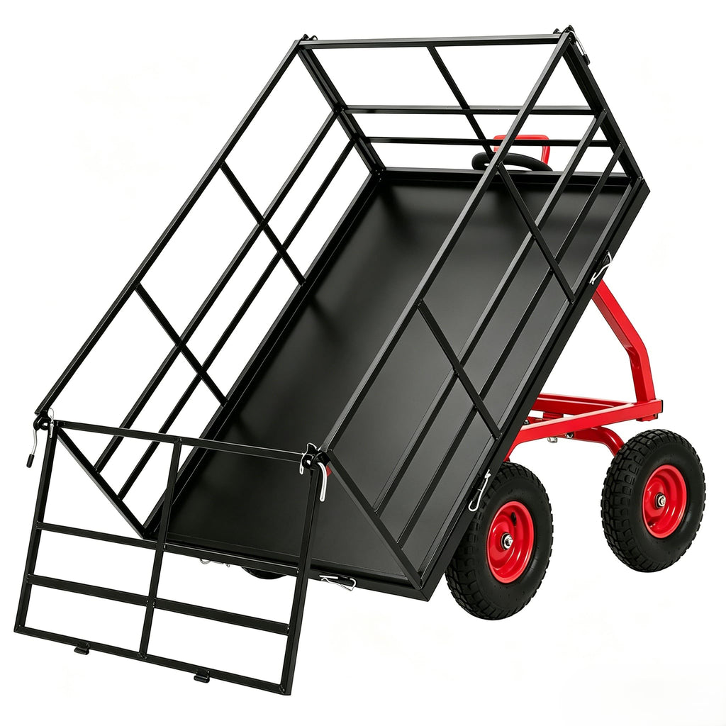 Garvee Steel Garden Cart for Lawn and Landscaping, 1500 lbs Capacity with 13-Inch Wheels, Removable Sides and Swivel Handle, Red and Black