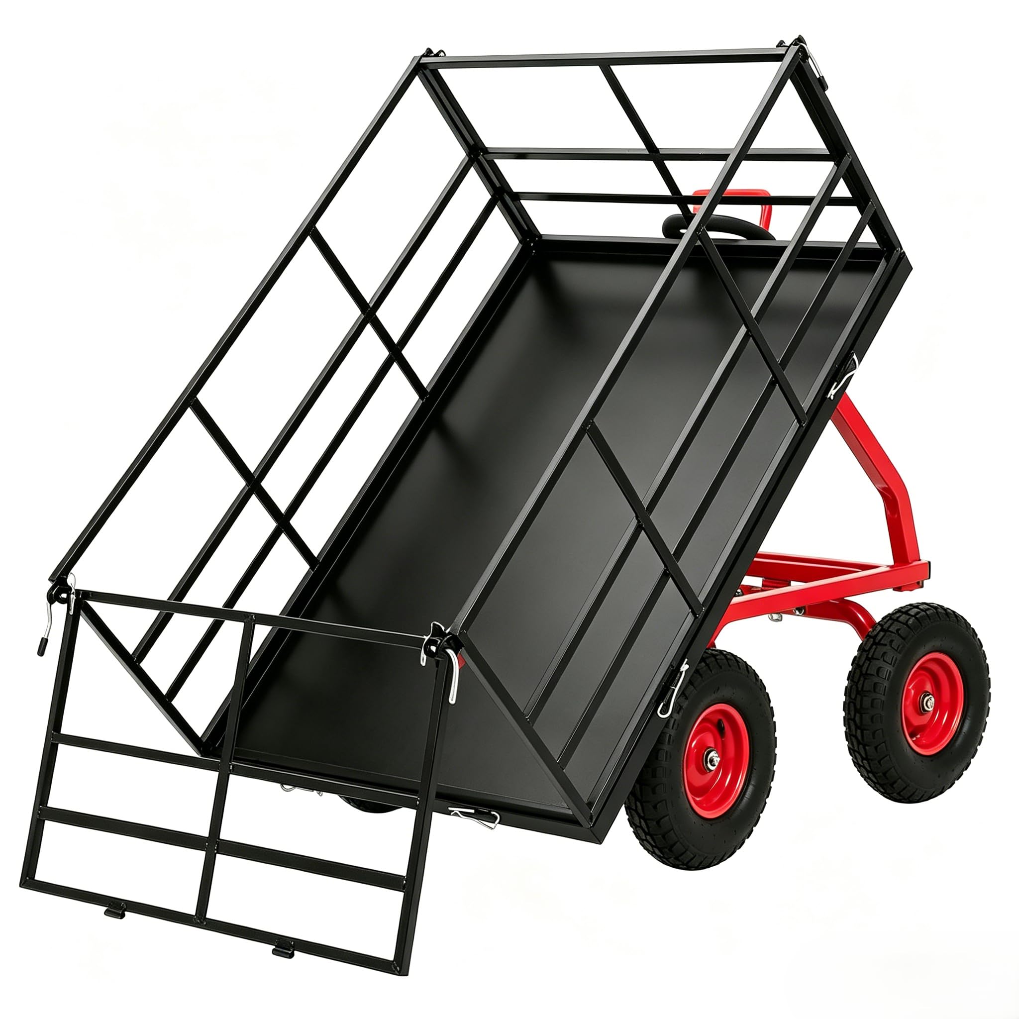Garvee Steel Garden Cart for Lawn and Landscaping, 1500 lbs Capacity with 13-Inch Wheels, Removable Sides and Swivel Handle, Red and Black
