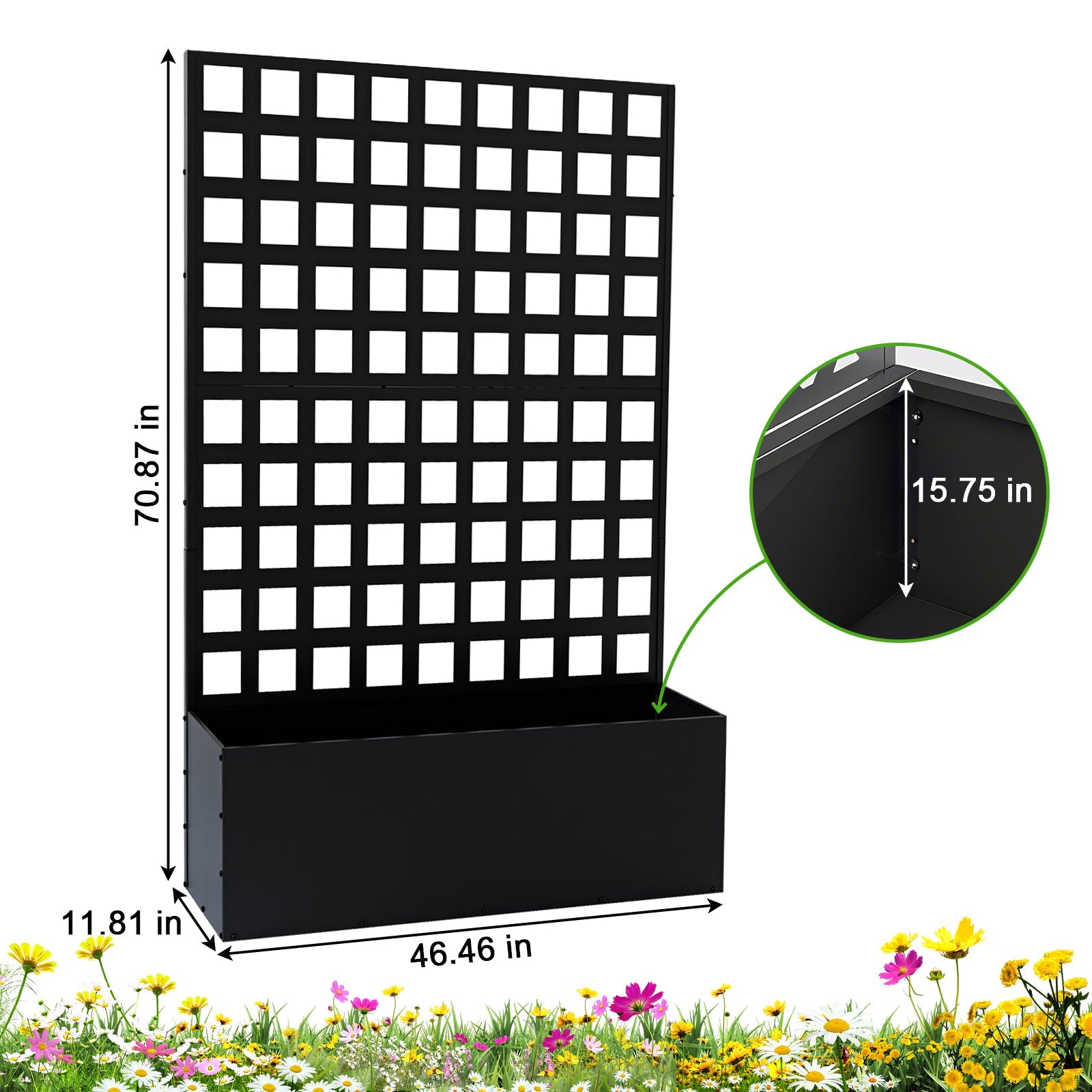 Garvee 71" x 47" x 12" Metal Planter Box with Trellis, Raised Garden Bed with Privacy Screen, Drainage Holes for Climbing Plants, Flowers & Vegetables, Black