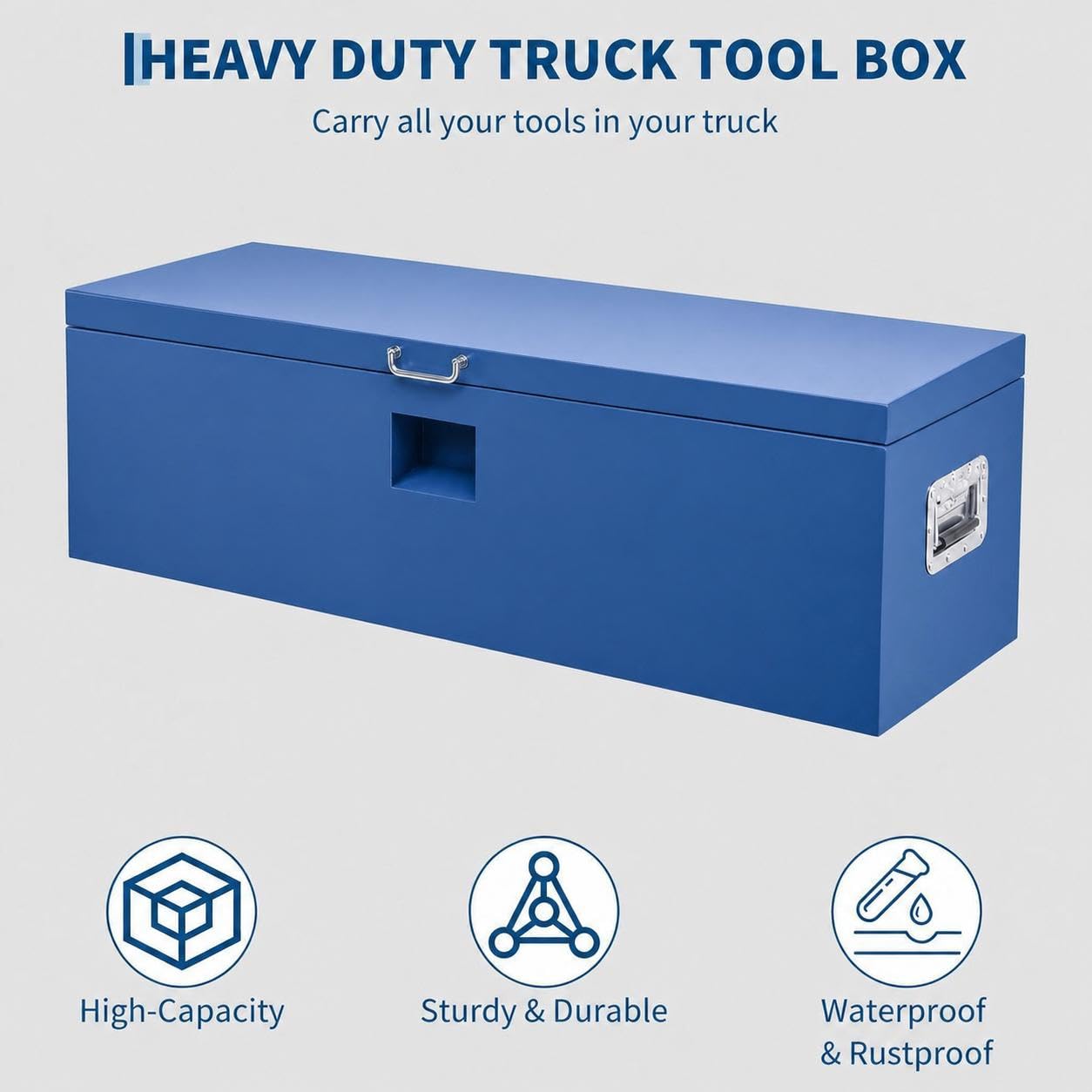 Garvee 24"X16"X14" Heavy Duty Lockable Steel Truck Bed Toolbox – Dual Lids, Weatherproof, Powder-Coated, Front & Side Handles, Gas Struts for Pickup, RV, Trailer, Blue