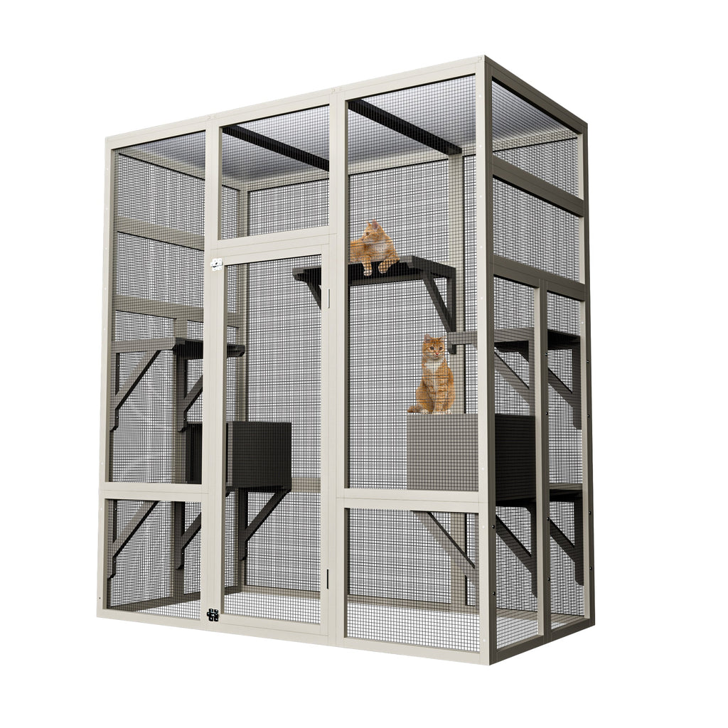 Garvee 70" Large Outdoor Catio Cat Enclosure, Wood Cat Patio with Waterproof UV-Resistant Roof, Cats Shelter with 5 Platforms and 2 Resting Box, and Secure Rust-Proof Wire for Backyard or Patio
