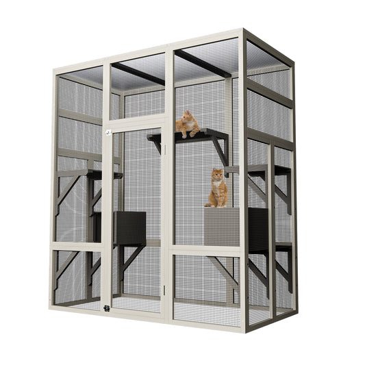 Garvee 70" Large Outdoor Catio Cat Enclosure, Wood Cat Patio with Waterproof UV-Resistant Roof, Cats Shelter with 5 Platforms and 2 Resting Box, and Secure Rust-Proof Wire for Backyard or Patio