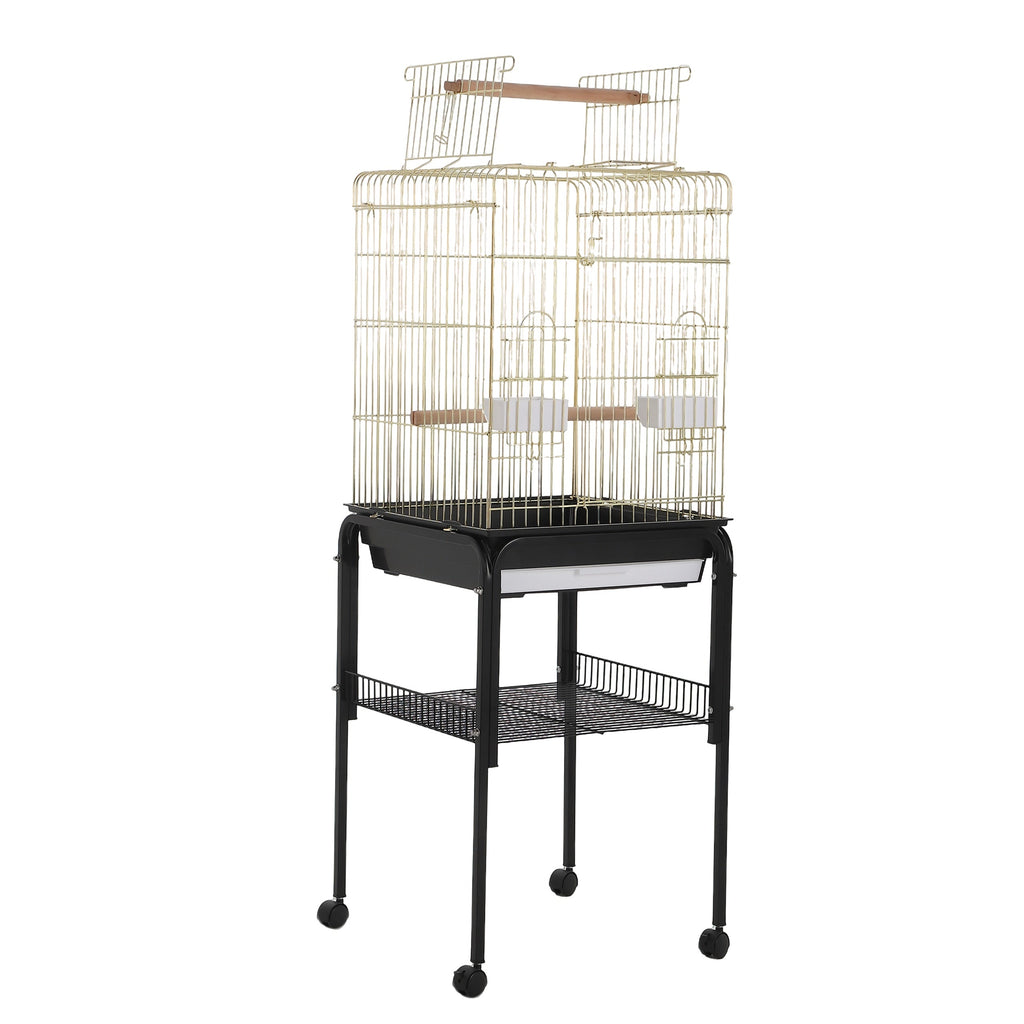 Garvee Large Open-Top Bird Cage with Rolling Stand – Removable Tray, Extra Storage, Breakable Casters, Indoor/Outdoor Use – Black Frame Gold Cage Body, Model 1038+10#