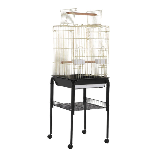 Garvee Large Open-Top Bird Cage with Rolling Stand – Removable Tray, Extra Storage, Breakable Casters, Indoor/Outdoor Use – Black Frame Gold Cage Body, Model 1038+10#