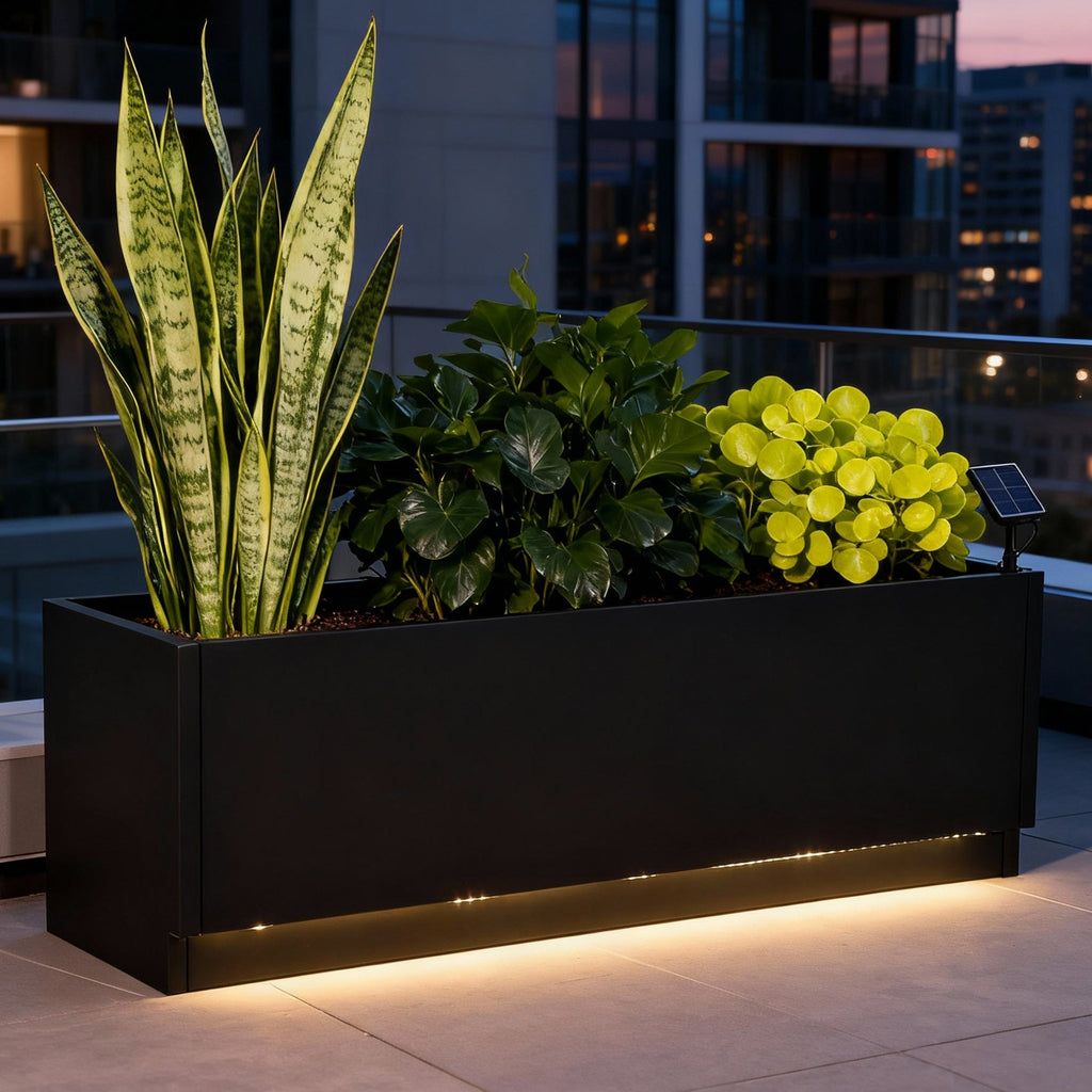 Garvee LED Metal Raised Garden Bed Planter Box – Snap-On Assembly, Exterior Light Strips, Waterproof Controller, Drainage Holes, Decorative Outdoor Flower & Vegetable Container – Black, 120x40x40cm