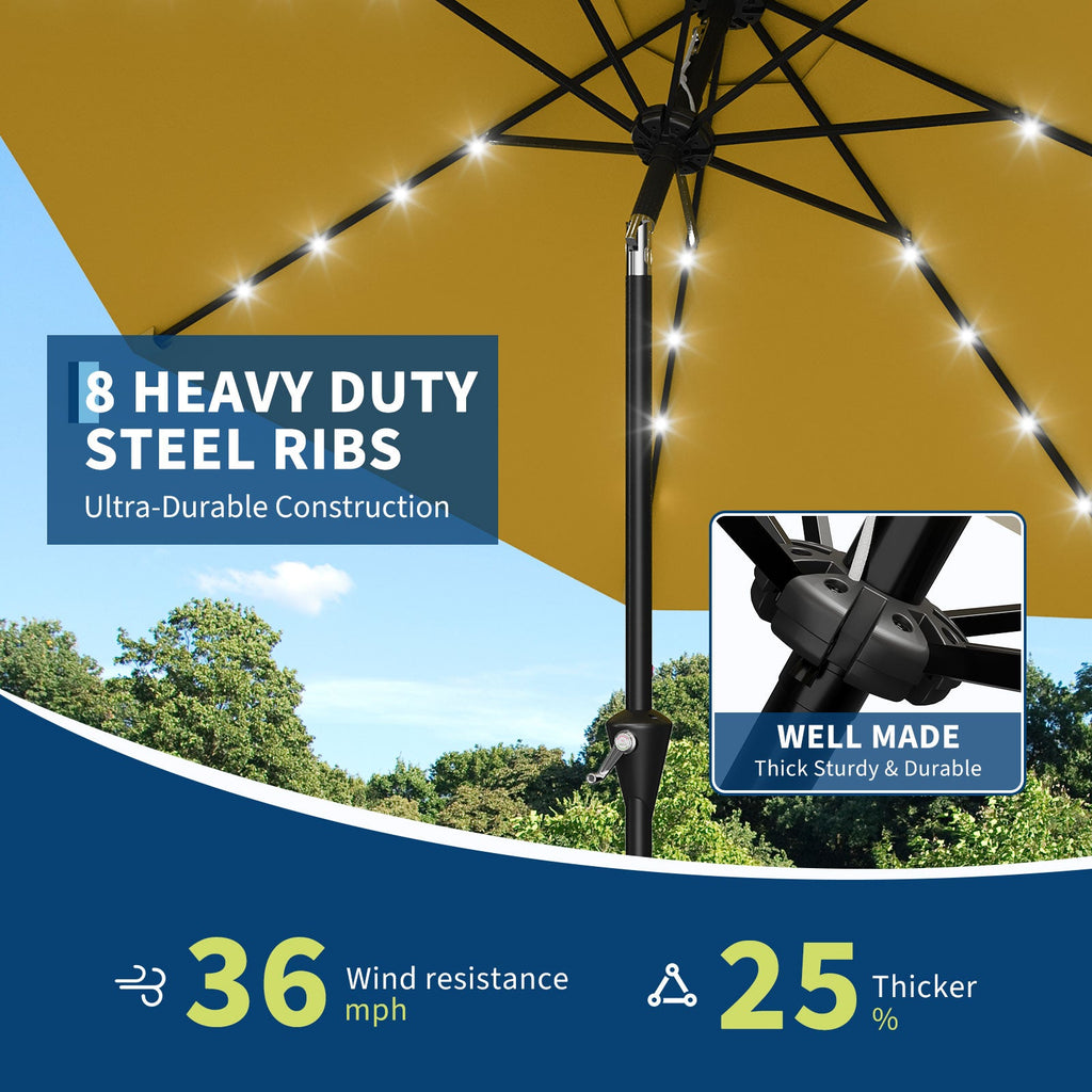 Garvee 9FT Solar LED Patio Umbrella, Waterproof Outdoor Market Table Umbrella with 8 Ribs, Crank Lift, Push Button Tilt, UV Protection for Garden, Pool & Deck, Yellow
