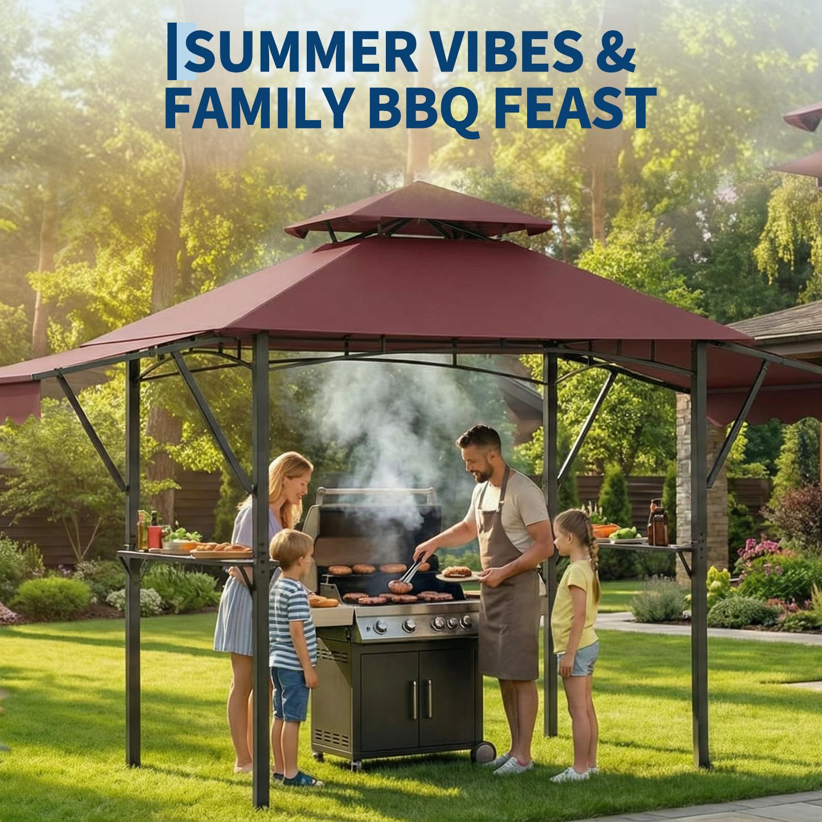 Garvee 8' × 5' Grill Gazebo with Dual Adjustable Awnings, 2-Tier Ventilated Canopy, Steel Frame, 2 Shelves & 7 Hooks, Claret
