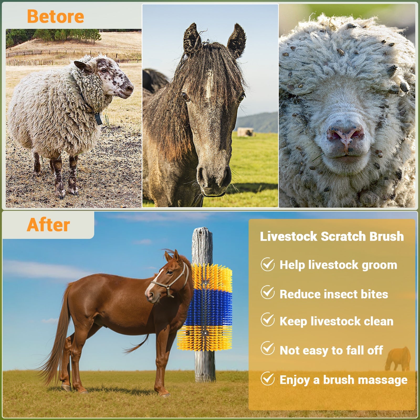 Garvee Heavy-Duty Livestock Scratching Brushes (2-Pack) - Flexible Wall-Mount Barn & Stable Grooming Brush for Horses, Cattle, Goats, and Pigs, Blue & Yellow