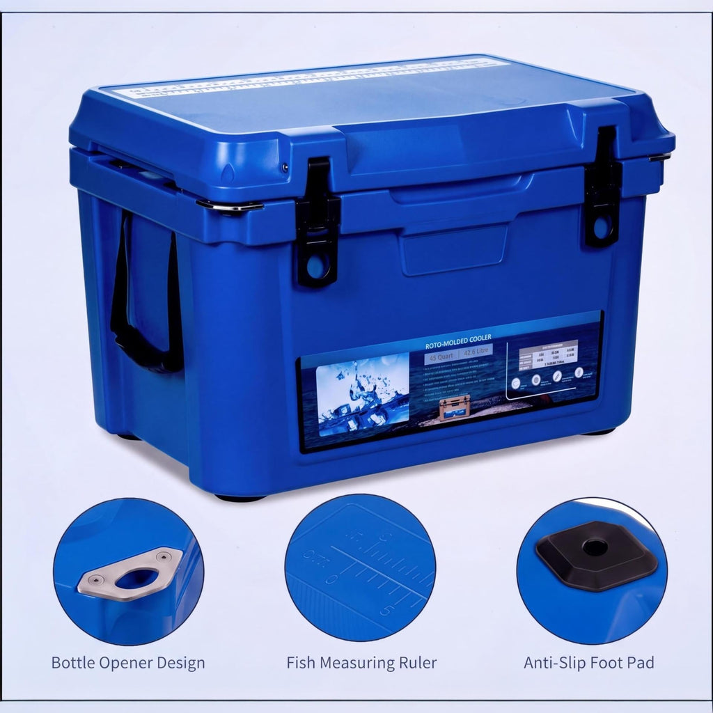Garvee Extra-Thick Insulated Camping Cooler 45qt - Portable Ice Chest Keeps Ice Up to 7 Days - Strap & Handle - Ideal for Food, Drinks, Beach, Picnic, Fishing, Boating - Blue - KUER-F-45 Blue 280C blue
