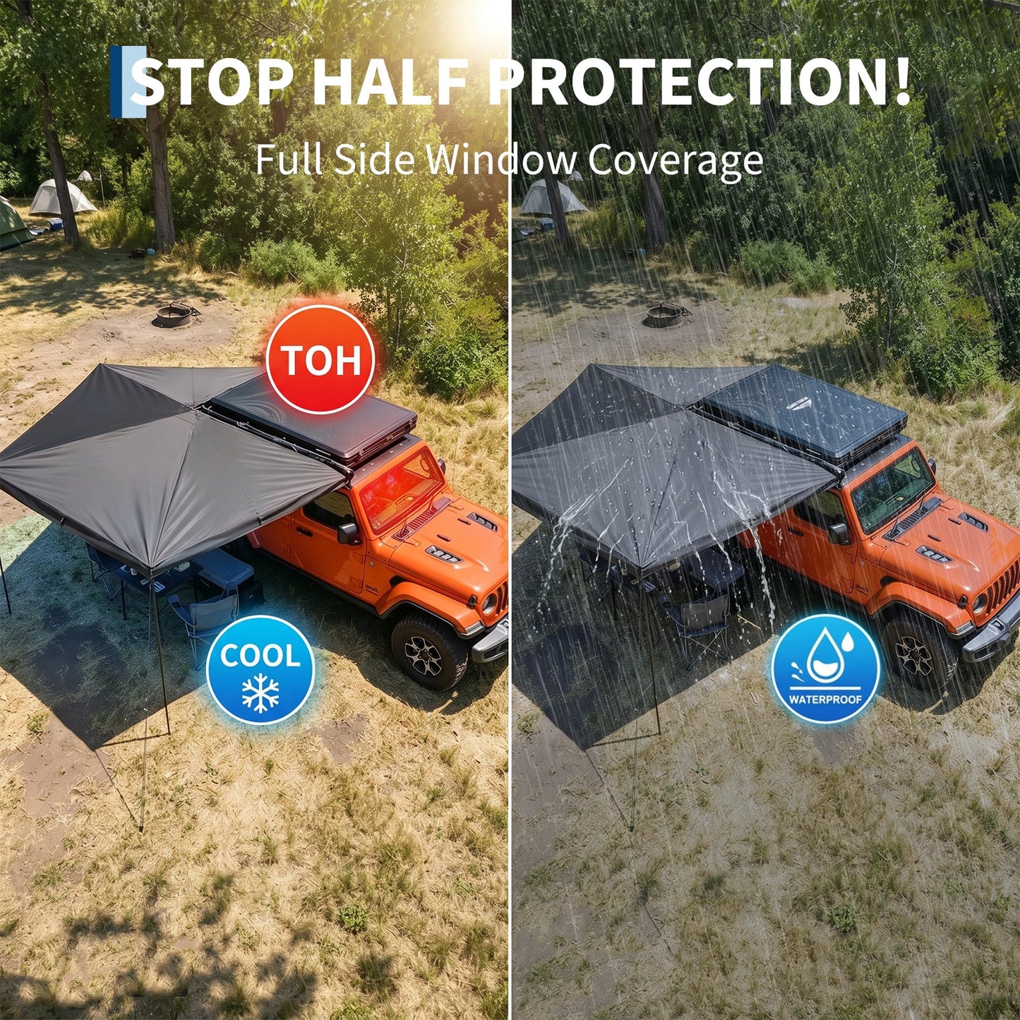 Garvee Heavy Duty 270° Car Awning - 2M Waterproof Blackout Sun Shelter, Ripstop Oxford for SUV Truck Camping - Black, Passenger Seat
