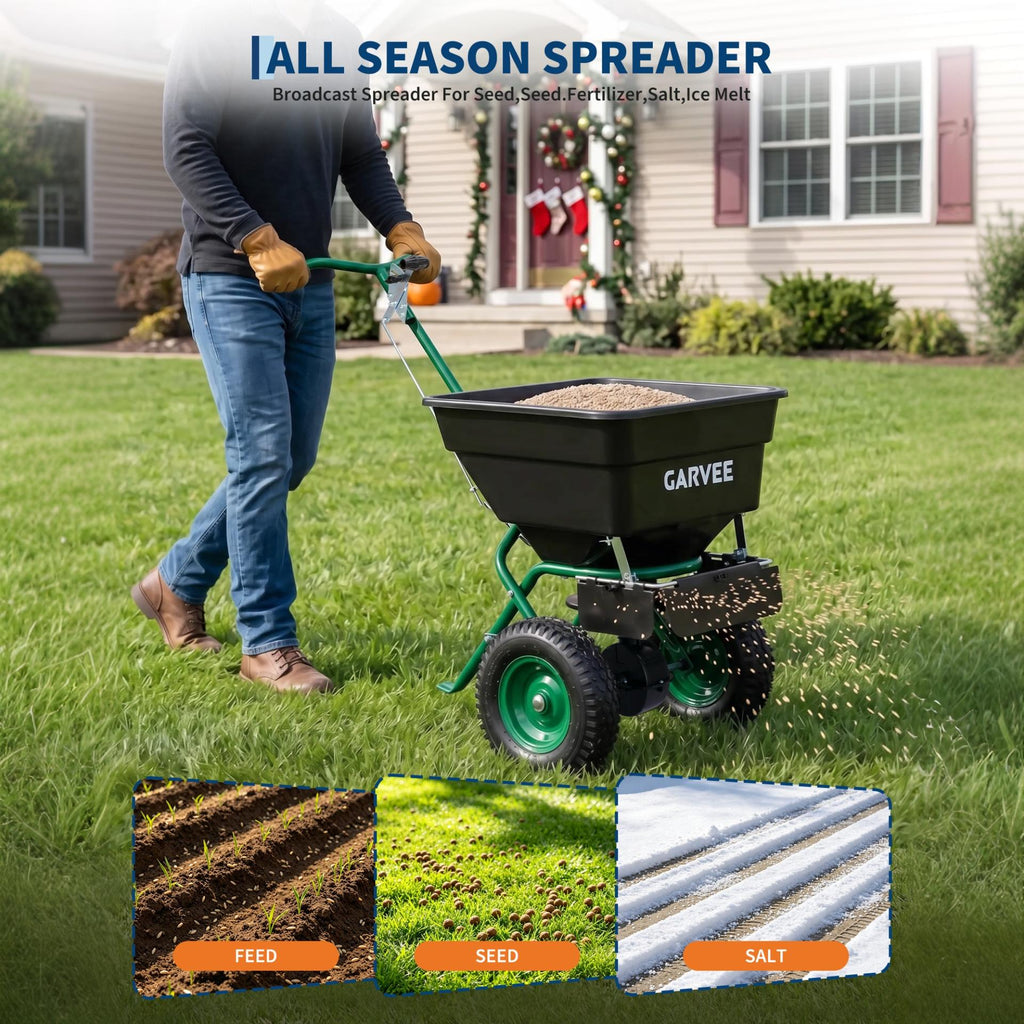 Garvee 100 lb Push Broadcast Spreader with 12' Spread Width, Adjustable Drop Rate, 10" Pneumatic Tires, Rain Cover & Gloves for Seed, Fertilizer, Salt and Ice Melt, Black & Dark Green