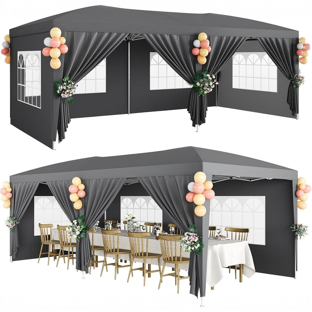 Garvee 10x20 ft Pop Up Canopy Tent, Heavy Duty Steel Frame Outdoor Shelter with 6 Removable Sidewalls, 3 Heights, UPF 50+ Waterproof 210D Oxford Cover, Dark Gray