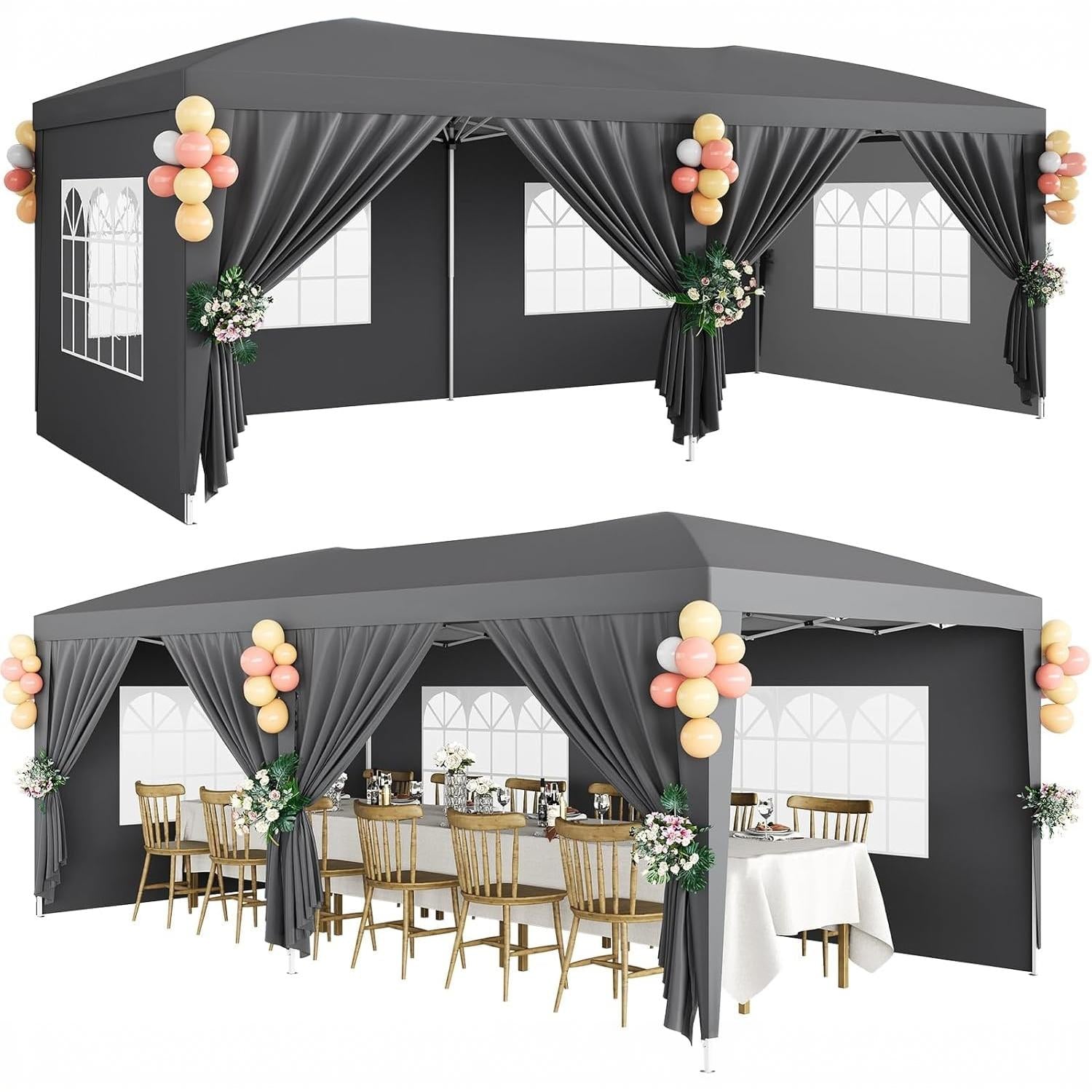 Garvee 10x20 ft Pop Up Canopy Tent, Heavy Duty Steel Frame Outdoor Shelter with 6 Removable Sidewalls, 3 Heights, UPF 50+ Waterproof 210D Oxford Cover, Dark Gray