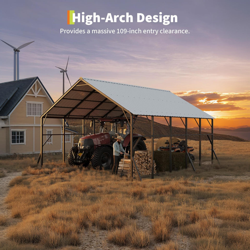 Garvee Metal Carport 20×25 ft, 173" High-Clearance 120° Vertical Roof, 19-Gauge Steel Frame for 2 Cars RV Tractor Shelter