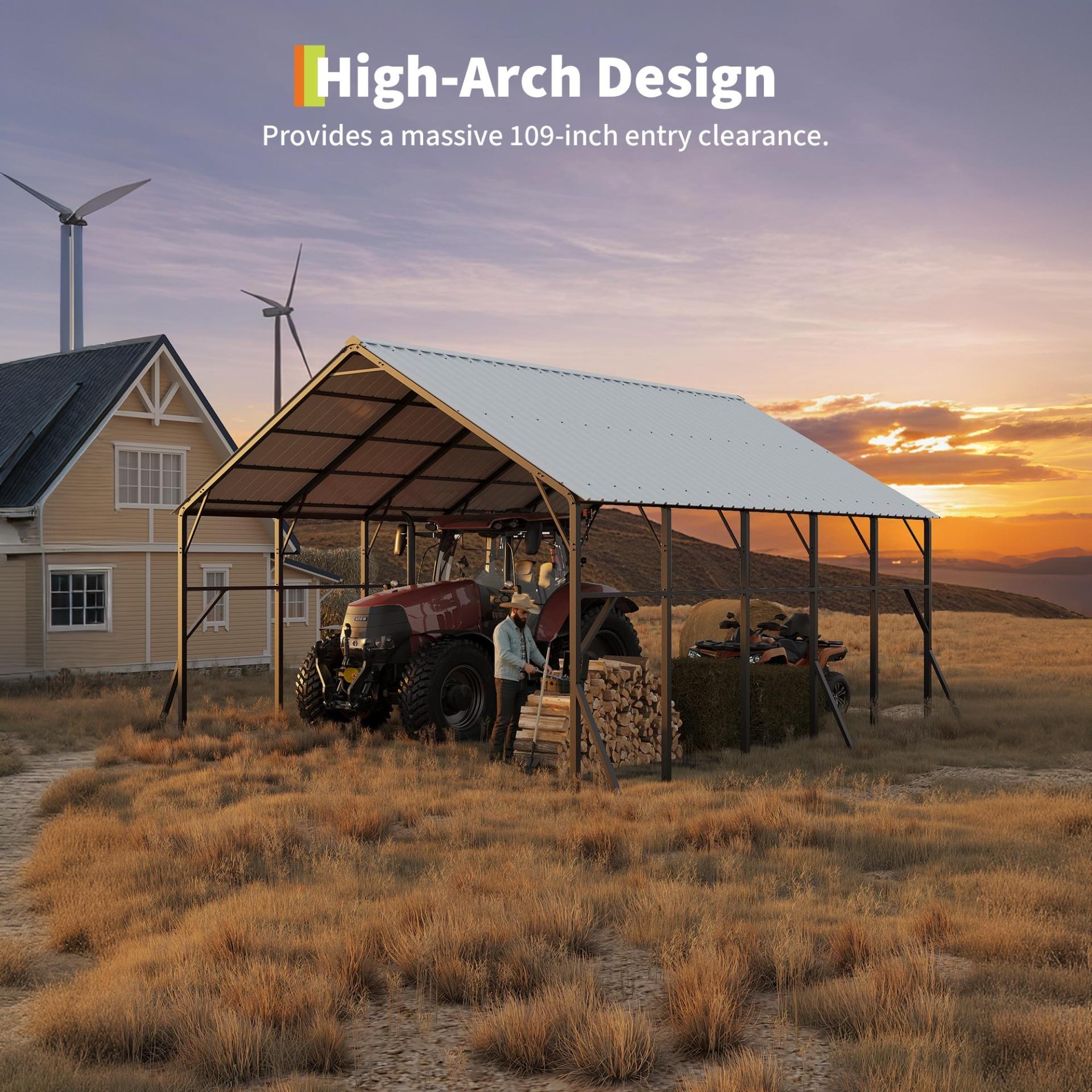 Garvee Metal Carport 20×25 ft, 173" High-Clearance 120° Vertical Roof, 19-Gauge Steel Frame for 2 Cars RV Tractor Shelter