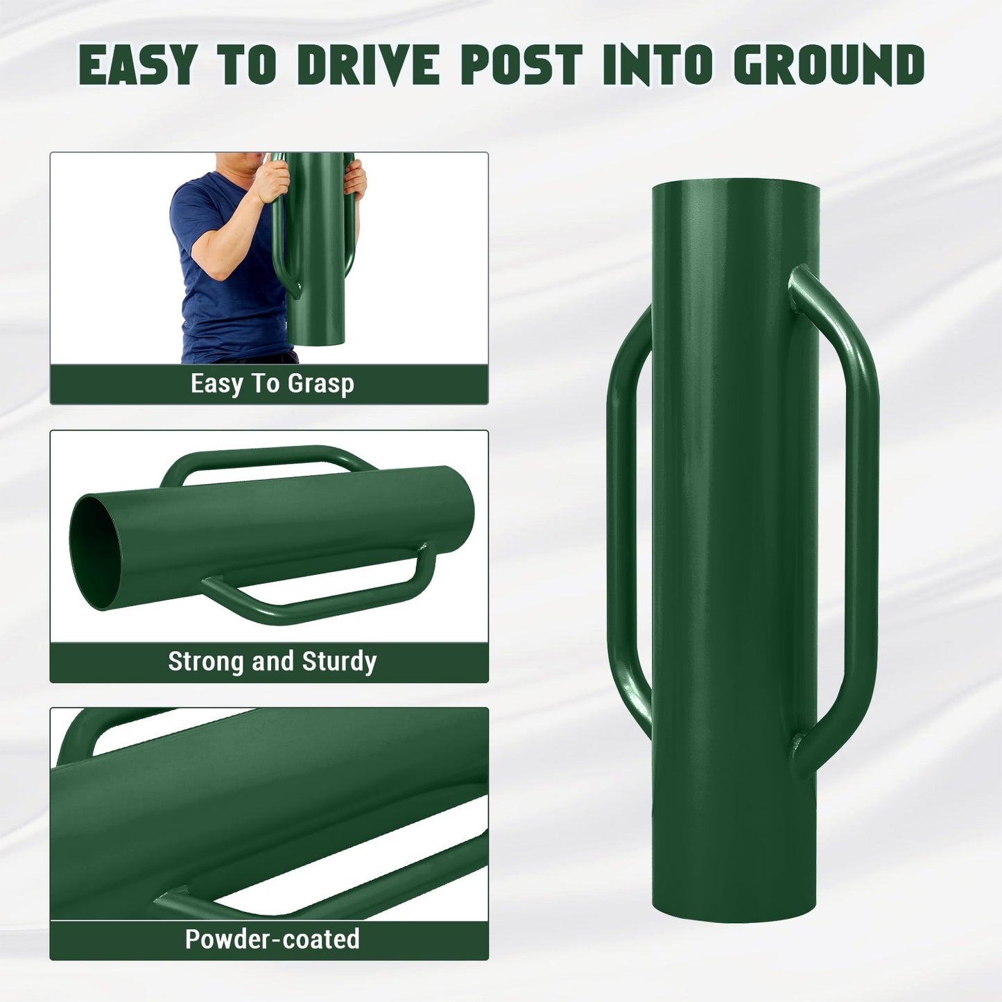 Garvee 37 LB Heavy Duty Steel Fence Post Driver with Dual Handles - 28" x 6.5" Manual T-Post & U-Post Rammer, 0.2" Thick Carbon Steel Soil Compactor for Wooden Posts, Metal Fencing Stakes, and Sign Poles (Green)