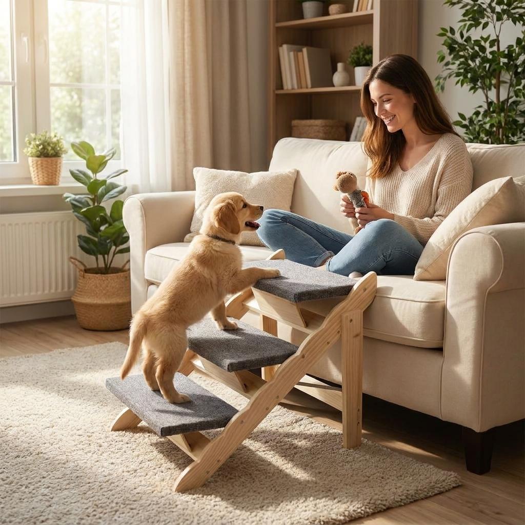 Garvee Wood Pet Stairs, 3-Step Dog Stairs for Beds, Sofa & Cars, 150 lbs Load Capacity, Folded Flat Design, Stable and Sturdy Dog & Cat Step Ladder for for Older Pets and Puppies