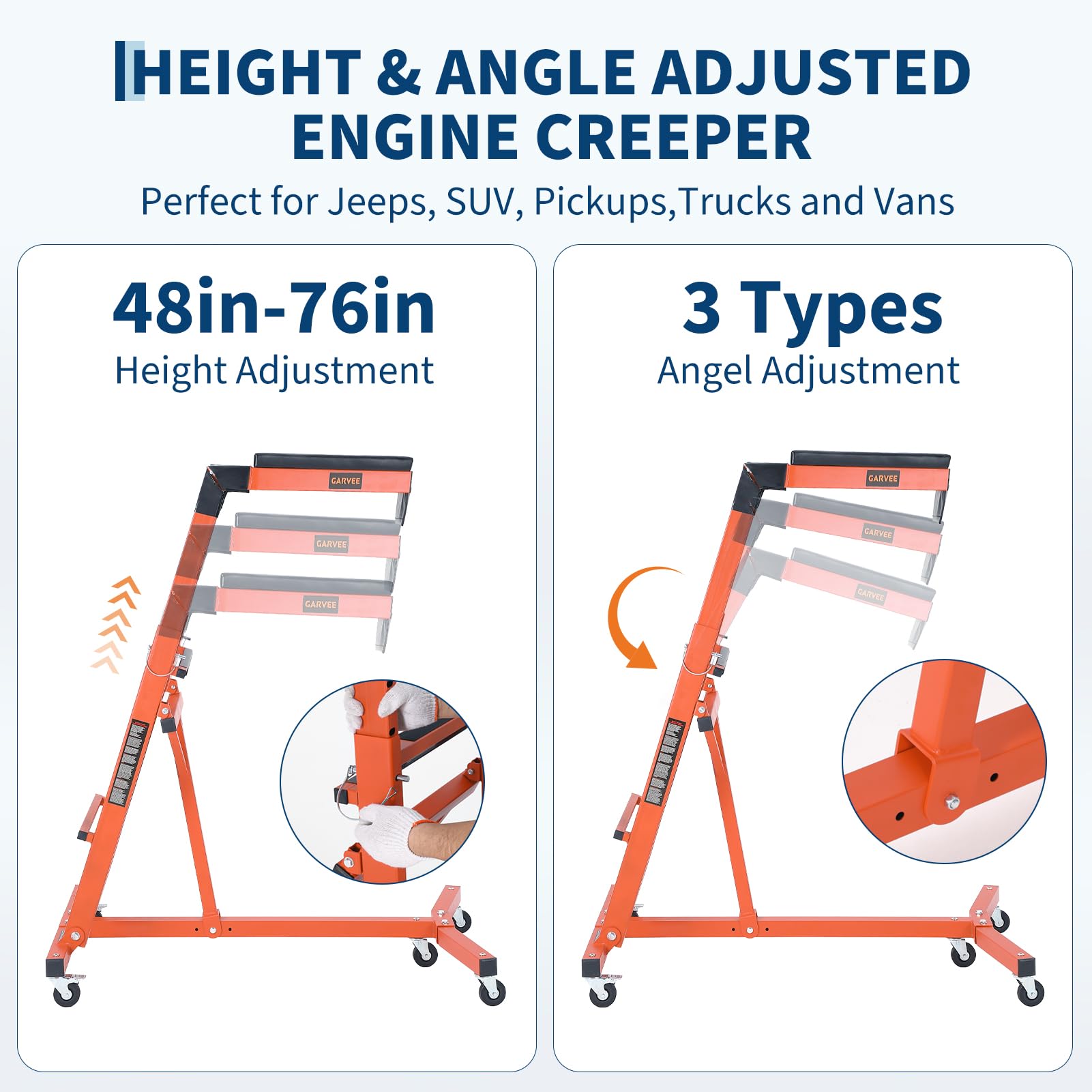 Garvee Automotive Engine Creeper with Adjustable Height & Padded Deck, Heavy-Duty Steel, Lockable Casters, Foldable for Jeeps & Trucks, Orange