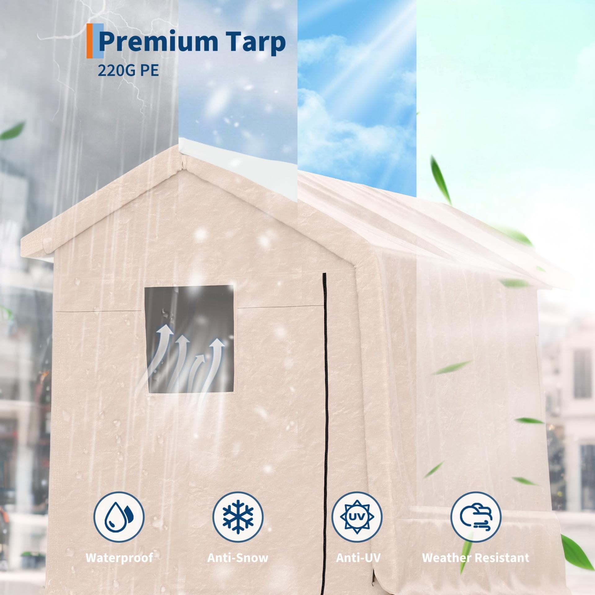 Garvee Portable Storage Shed for Motorcycles and Garden Tools, 10 × 15 FT with 240G Waterproof PE Tarp, Roll-Up Door and Vent, Khaki