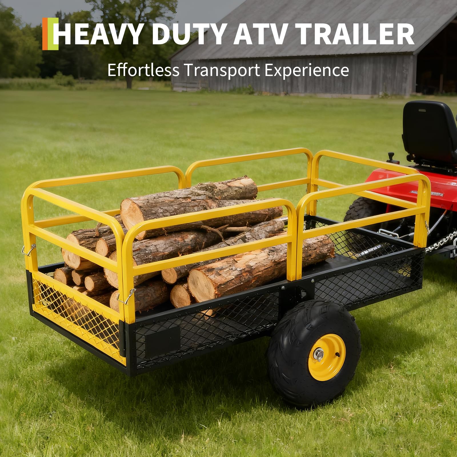 Garvee 1600 lb Tow-Behind Dump Cart, 22 Cu. Ft. ATV UTV Garden Trailer with Removable Sides, 45° Dump Bed & All-Terrain Tires, Yellow