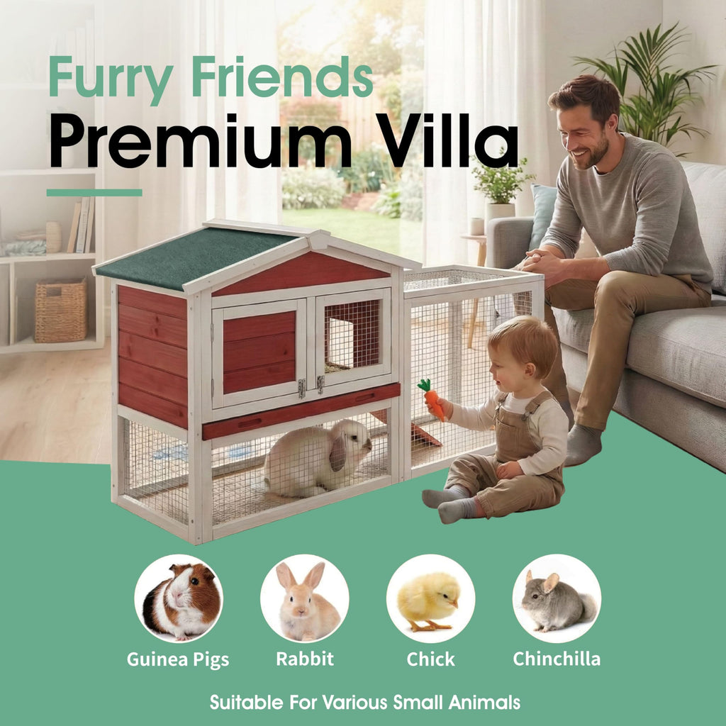 Garvee Large 2-Story Wooden Small Animal Cage for Rabbits, Guinea Pigs & Chickens - Weatherproof Indoor Outdoor Hutch with Anti-Chew Metal Frame, Removable Leak-Proof Tray, Secure Wire Mesh, Rufous White