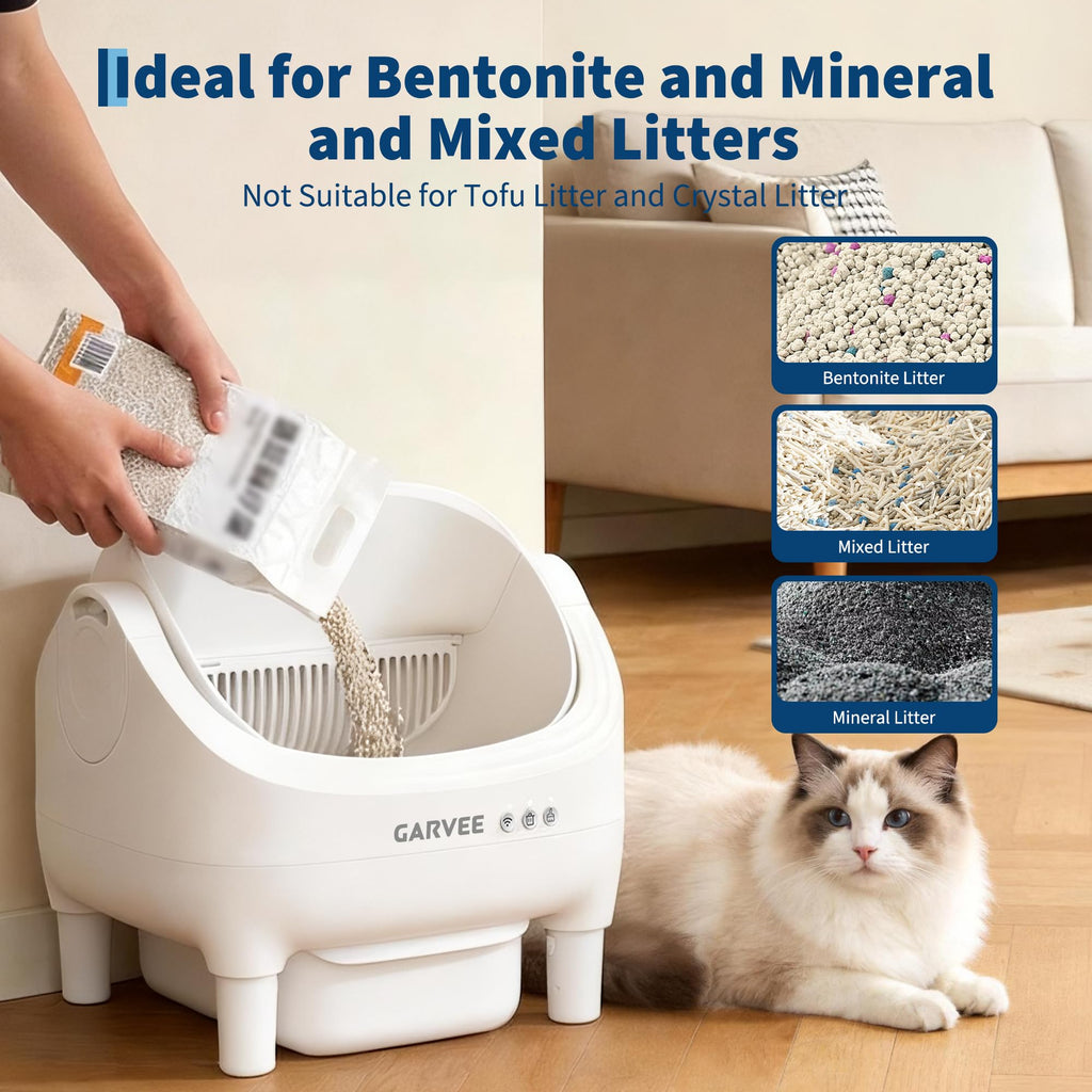 Garvee Self-Cleaning Cat Litter Box with App Control, Automatic Litter Box with Odor-Free 10.5L Bin, Whisper-Quiet, 7-Layer Safety, Open-Top Design for Large & Multiple Cats, White