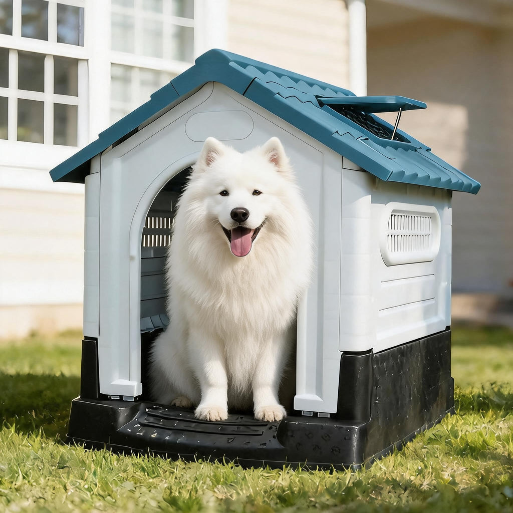 Garvee Large Dog House Outdoor with Air Vents and Elevated Floor for Medium Large Dogs, Plastic Waterproof Doghouse Sloping Roof, Easy Clean and Assemble, Blue
