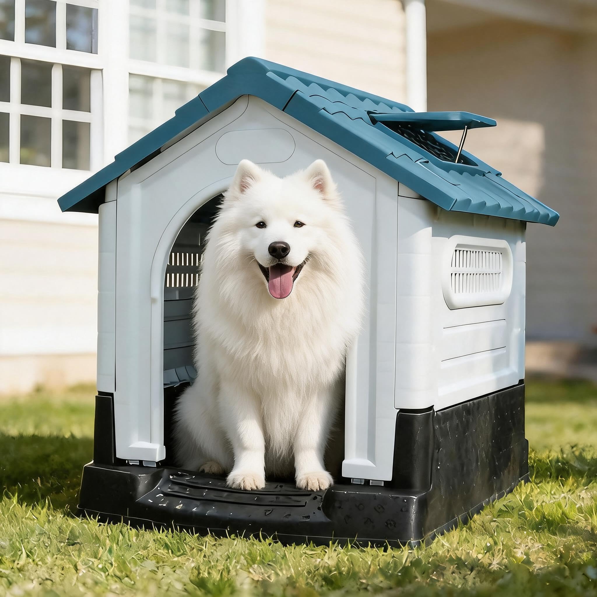 Garvee Large Dog House Outdoor with Air Vents and Elevated Floor for Medium Large Dogs, Plastic Waterproof Doghouse Sloping Roof, Easy Clean and Assemble, Blue