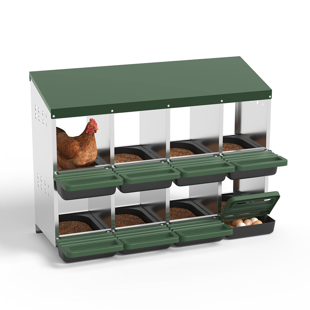 Garvee 8-Hole Chicken Nesting Box with Roll Away Design, Ventilation Holes, Galvanized Steel, Removable Lid, Easy Egg Collection, Green, for Chicken and Duck Coops