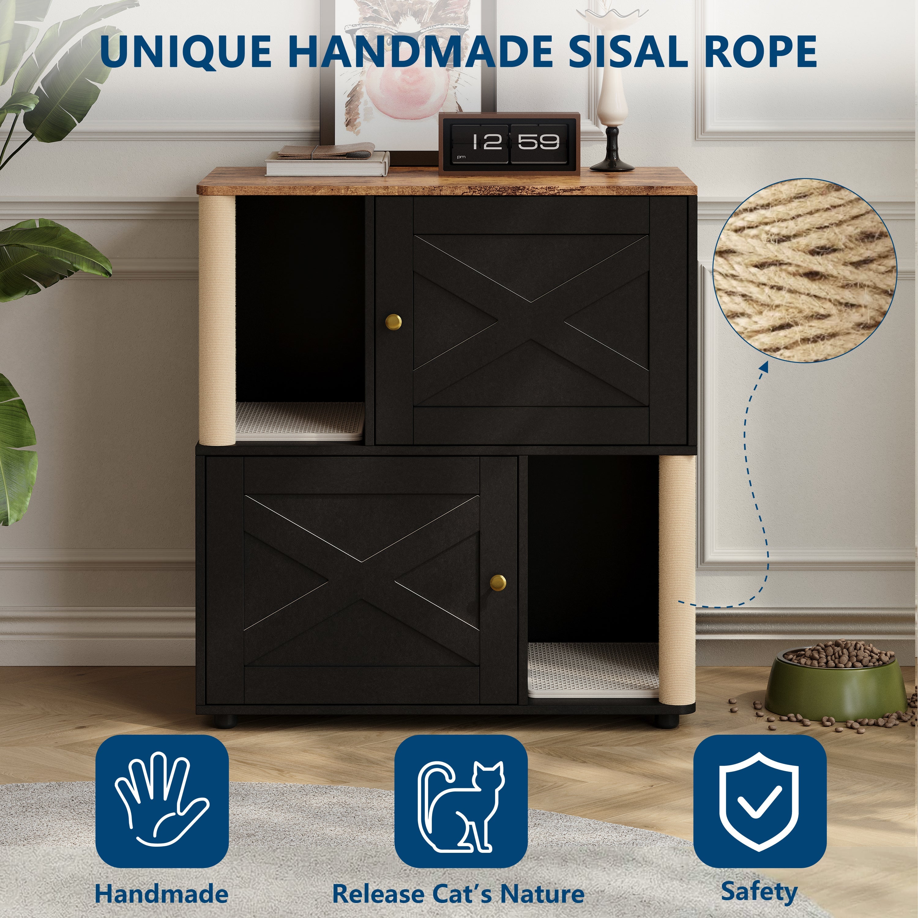 Garvee Double Cat Litter Box Enclosure Furniture – 2-Tier Modern Cat Condo with Marking Posts, Dual Mats, Odor Control, Hidden Washroom Cabinet, Dog-Proof, End Table – X-Door Black