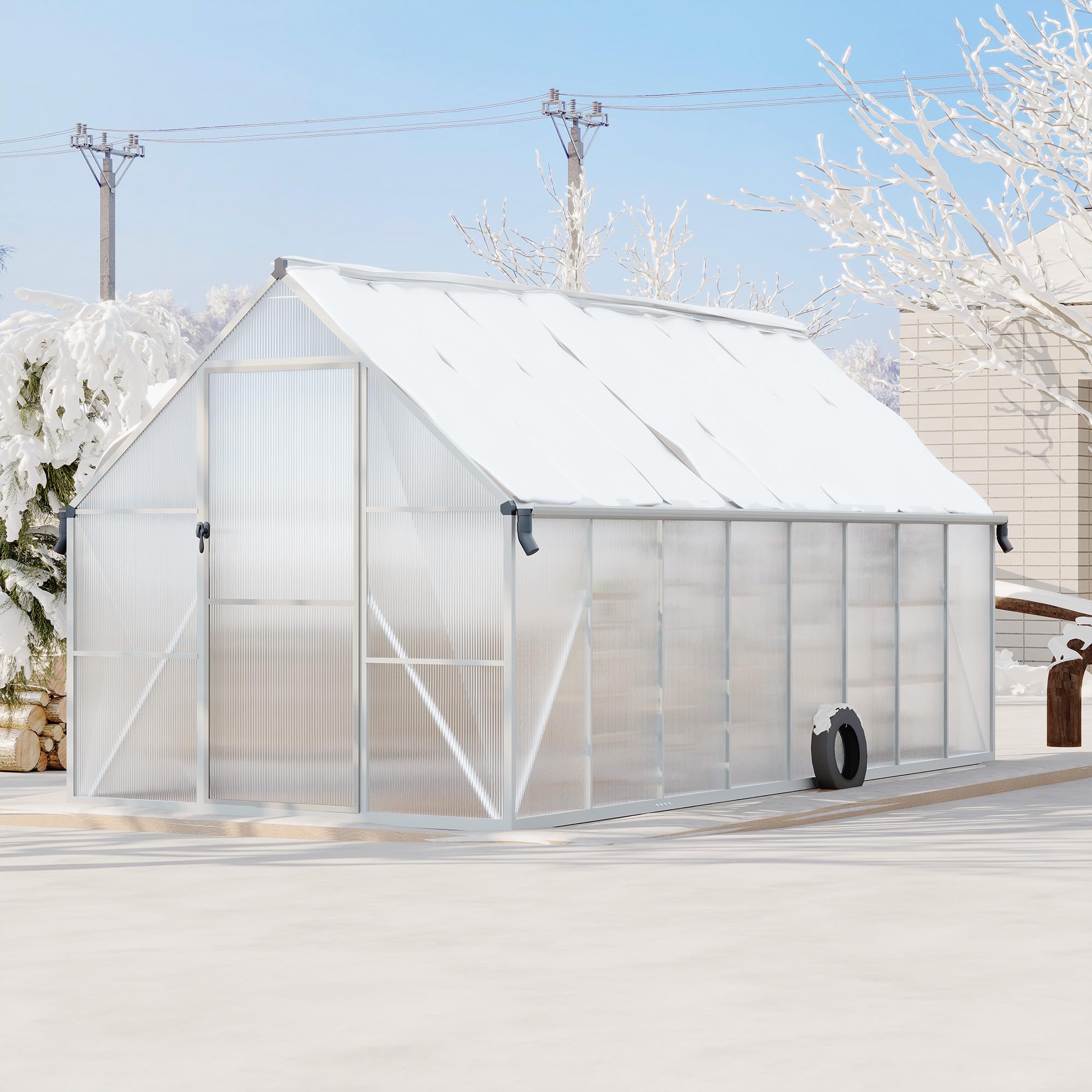 Garvee Heavy Duty 8x16FT Polycarbonate Greenhouse with Aluminum Frame – Double Swing Doors, Roof Vent, Rain Gutter, Quick Setup – Large Walk-In Outdoor Gardening Tent, Silver