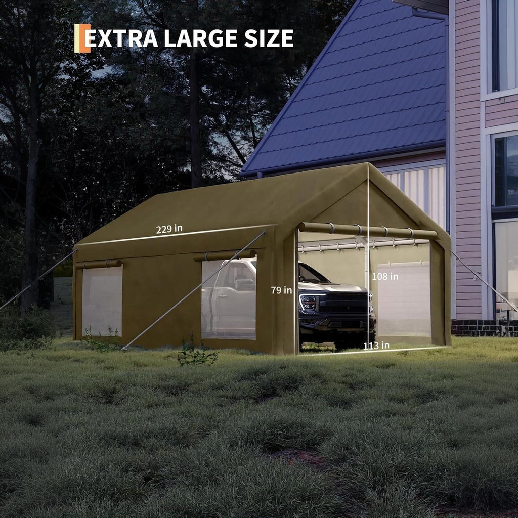 Garvee 10' × 20' Portable Garage, 200 GSM PE Carport Canopy with 2 Roll-Up Doors, 4 Mesh Windows, Galvanized Steel Frame, Khaki