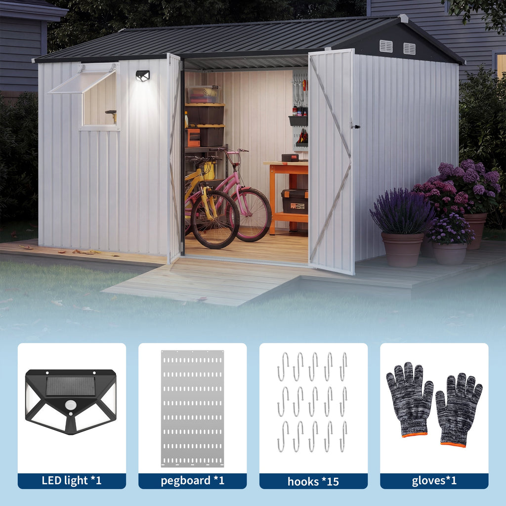 Garvee 10x8FT Metal Outdoor Storage Shed with Pushable Window, LED Light & Pegboard, Lockable Double Doors, Sloping Roof, Ventilation, Corrosion-Resistant Steel Garden Tool Shed for Patio, Backyard & Garage