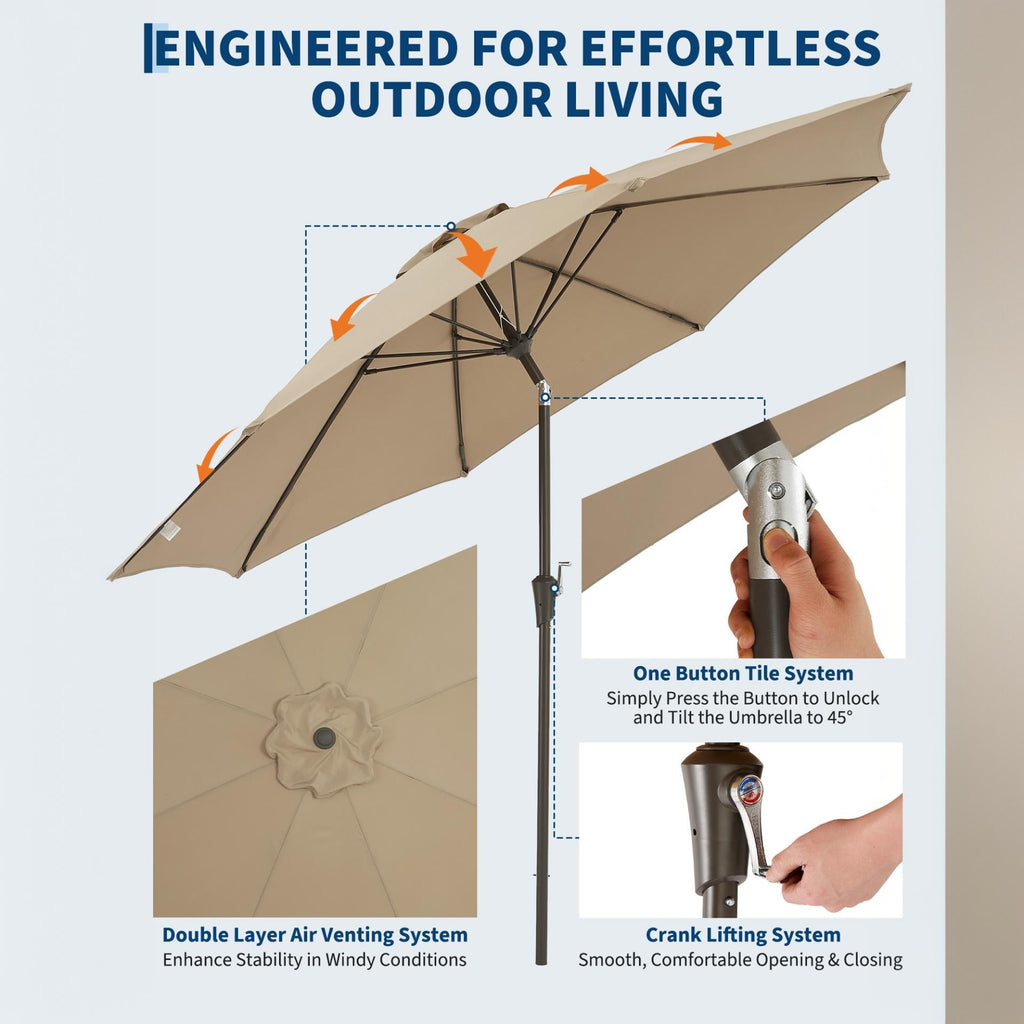 Garvee 9 FT Patio Umbrella, 8-Rib Alloy Steel Market Umbrella with Push-Button Tilt & Crank, UV-Resistant Waterproof Round Shade for Garden, Deck & Pool, Brown