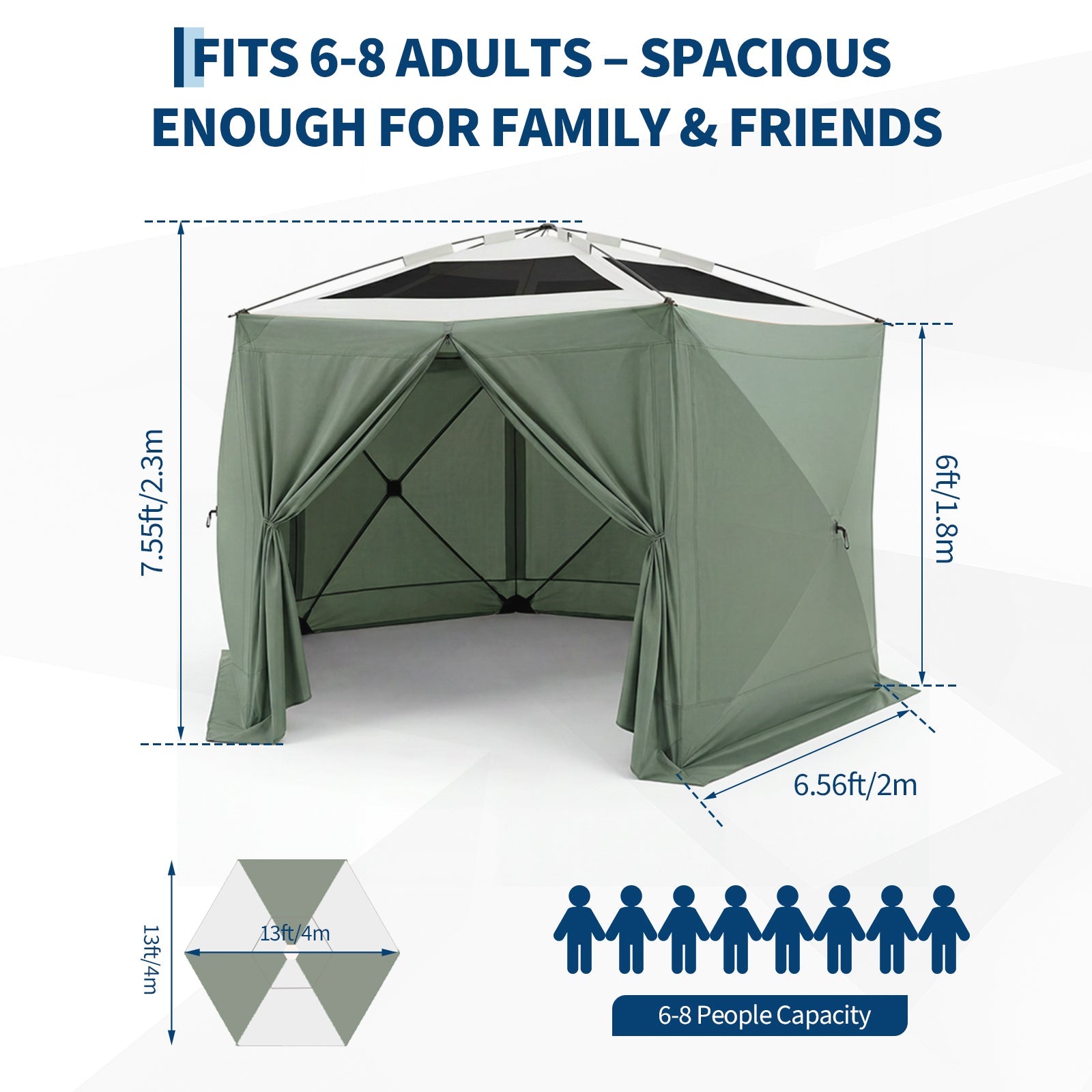 Garvee Screen Gazebo Tent, 13 x 13 FT 6-Sided Canopy for 8-10 People with 7.5 FT Height, Removable Wind Cloth and Carry Bag for Backyard Camping, Green and Gray