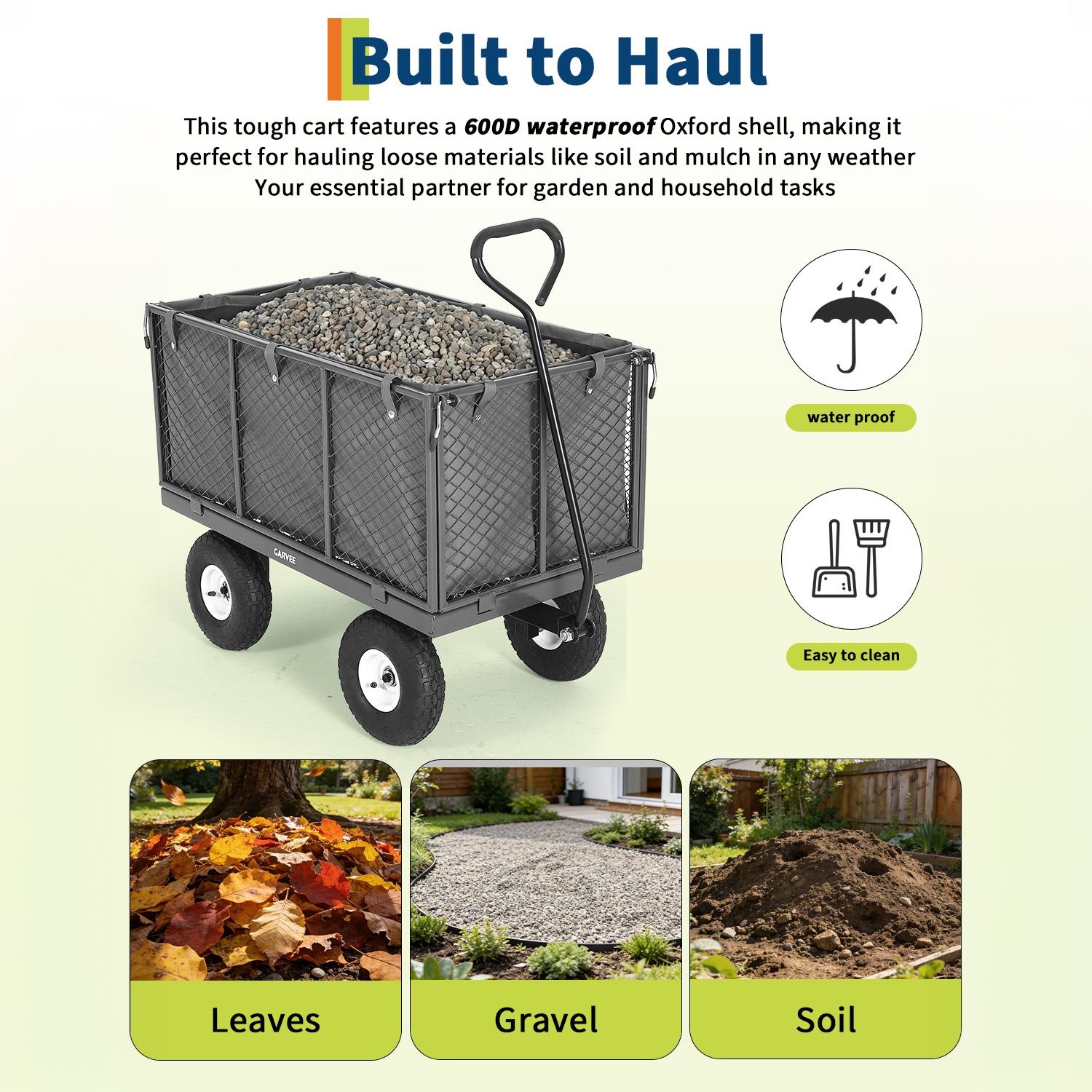 Garvee 800LBS Heavy Duty Steel Garden Cart Wagon with 10" Pneumatic Tires, Removable Mesh Sides, 180° Rotating Handle & Waterproof Bag, Utility Yard Trailer for Lawn, Garden & Farm, Gray