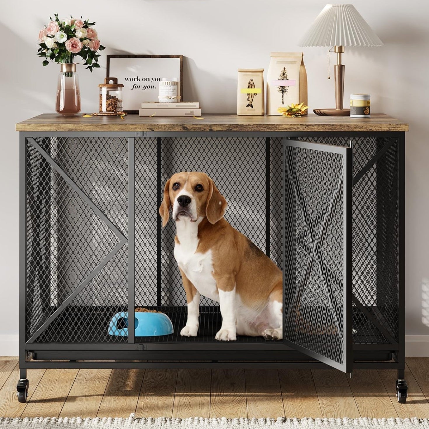 Garvee 48" Heavy Duty Dog Crate Furniture with Wheels, Flip Top Dog Kennel End Table with Removable Tray, Multi-Functional Indoor Pet Cage for Small to Large Pets, Black