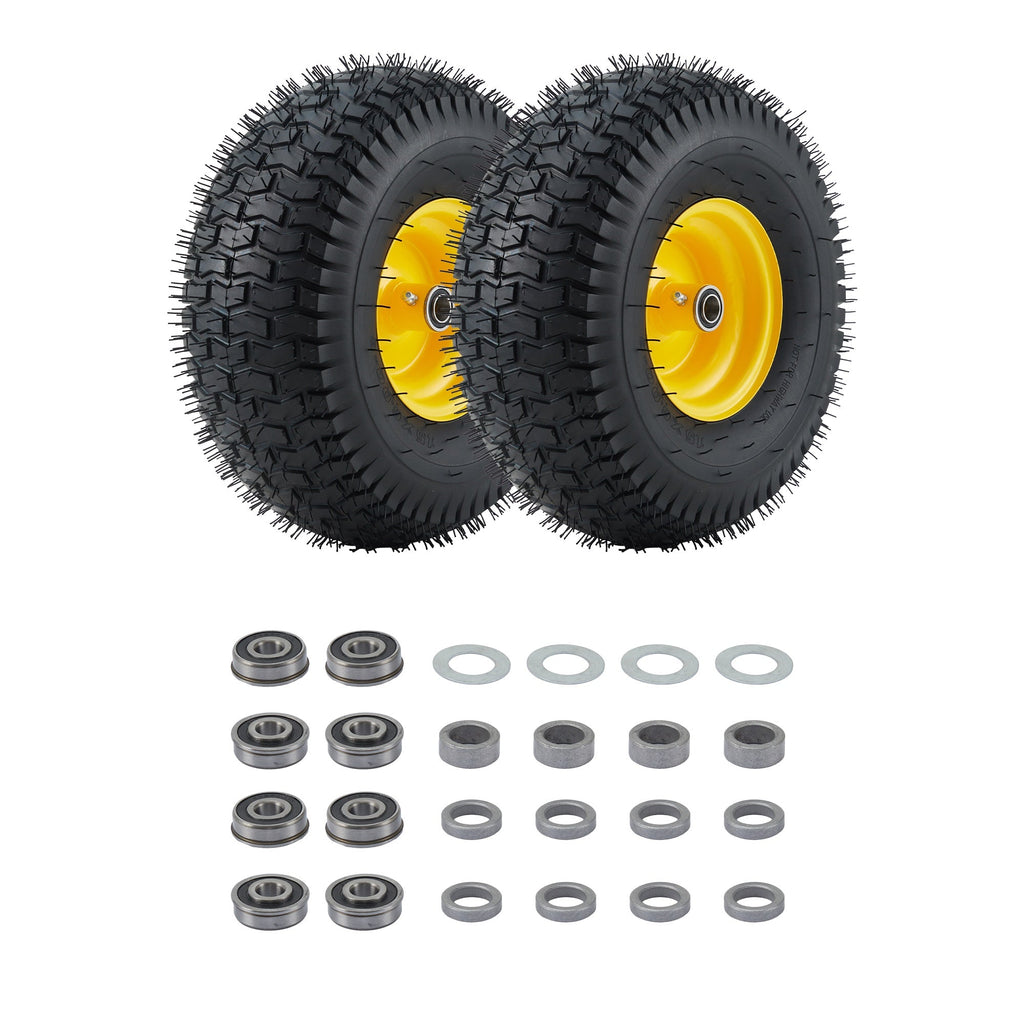 Garvee Flat Free Sturdy Tire & Wheel Set for Golf Cart, Lawn Mower, Garden Tractor – Heavy Duty, 500lbs Load, Global Fit, Puncture Proof, Maintenance-Free – 2 Pack, Yellow Hub | 15×6.00-6
