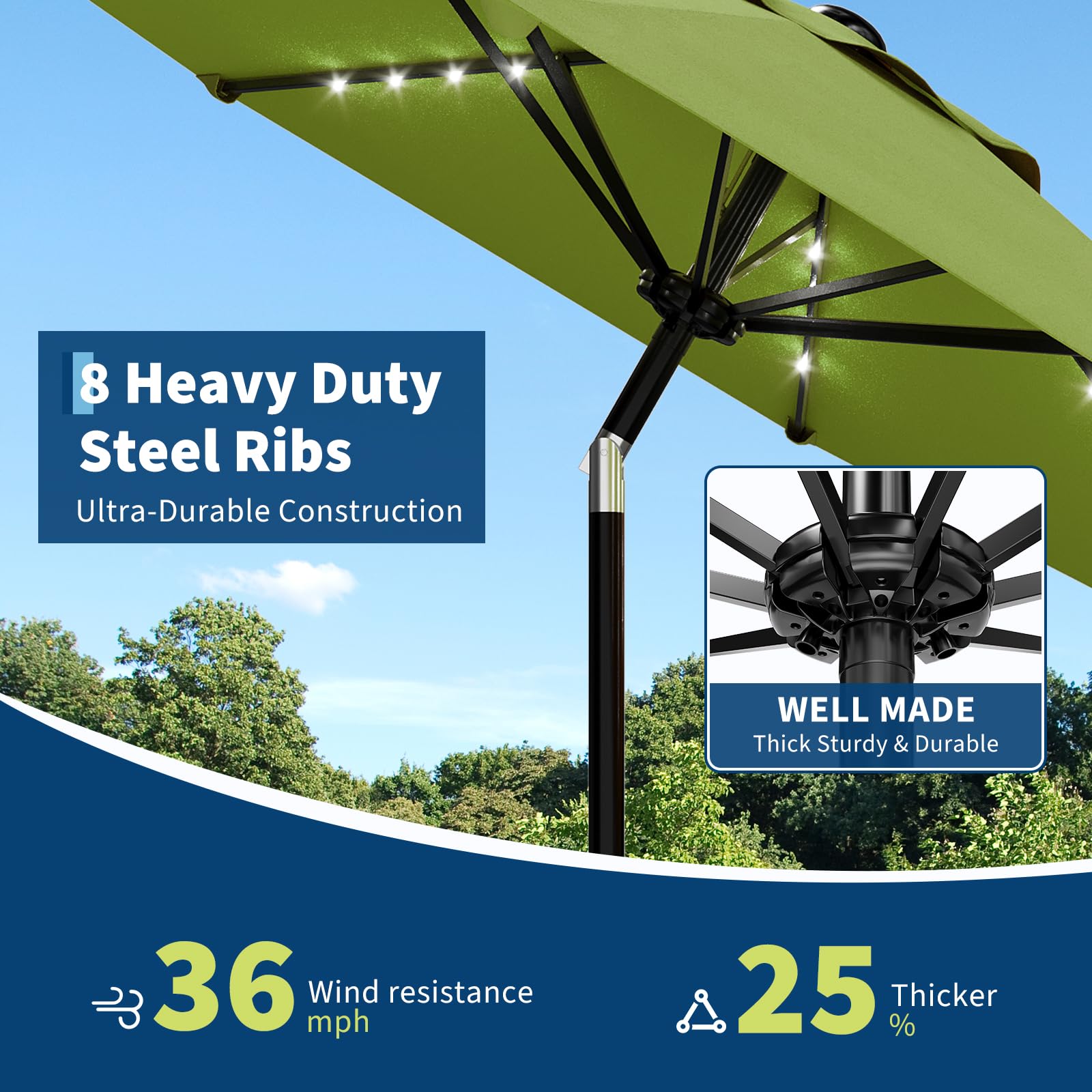 Garvee 10 FT Patio Umbrella with Solar Lights, Outdoor Table Umbrella with 8 Durable Ribs, Tilt & Crank Mechanism, Waterproof & UV Protection for Garden, Backyard, Poolside, Green